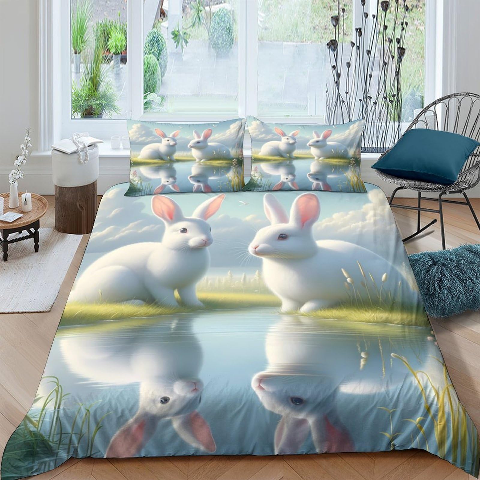 Ctjqhvkz Style-6 3D Printed Rabbit Reflection Fitted Sheet Microfiber Soft Breathable Bunny Pond Bed Sheet For Bedroom Guest Room Decor Single（135X200cm）