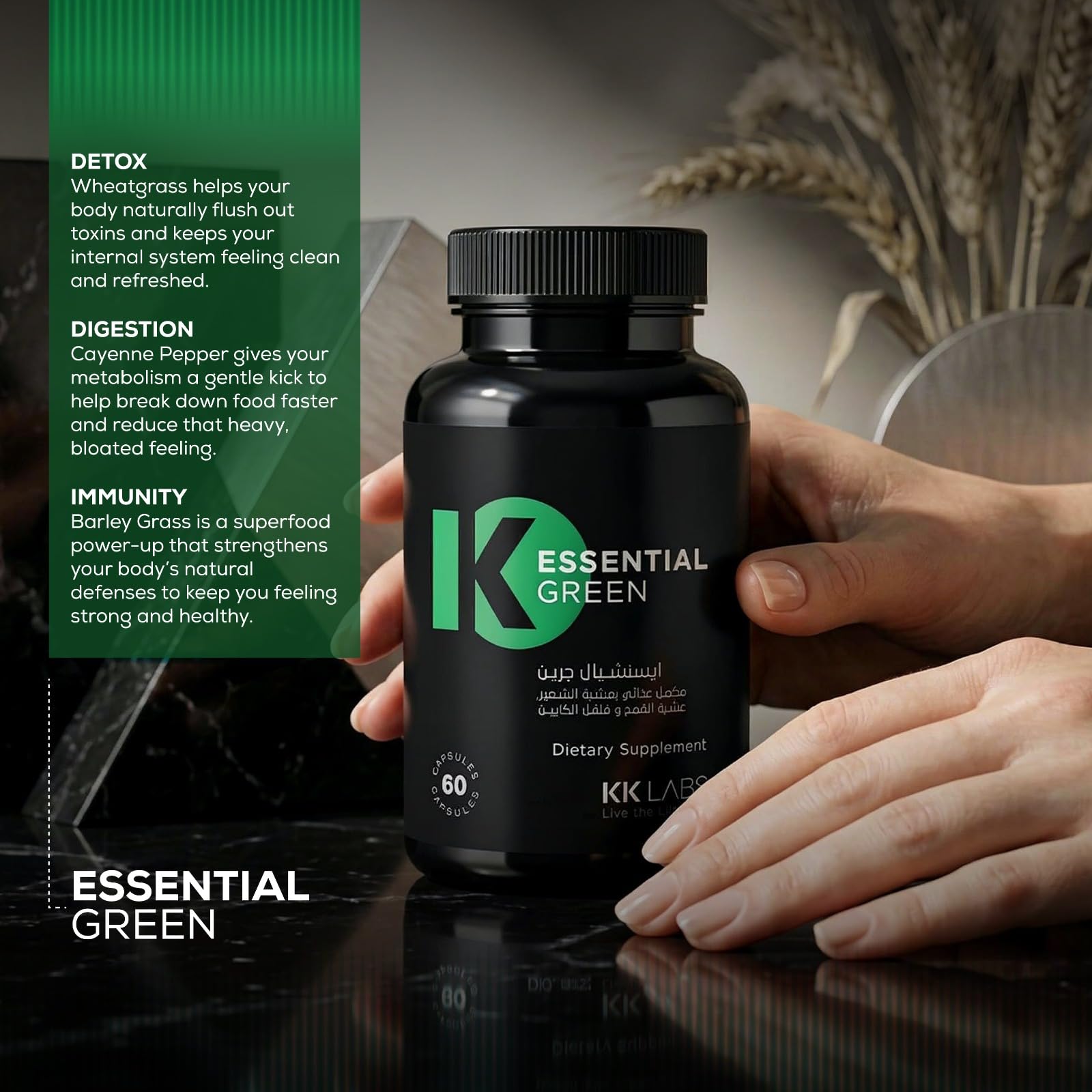 KK Labs Essential Green 60 Capsules - Wheatgrass 150mg, Barley Grass 150mg & Cayenne Pepper 17mg Superfood Greens Blend for Daily Detox, Digestion & Immune Support, 1 Capsule Daily, 60-Day Supply