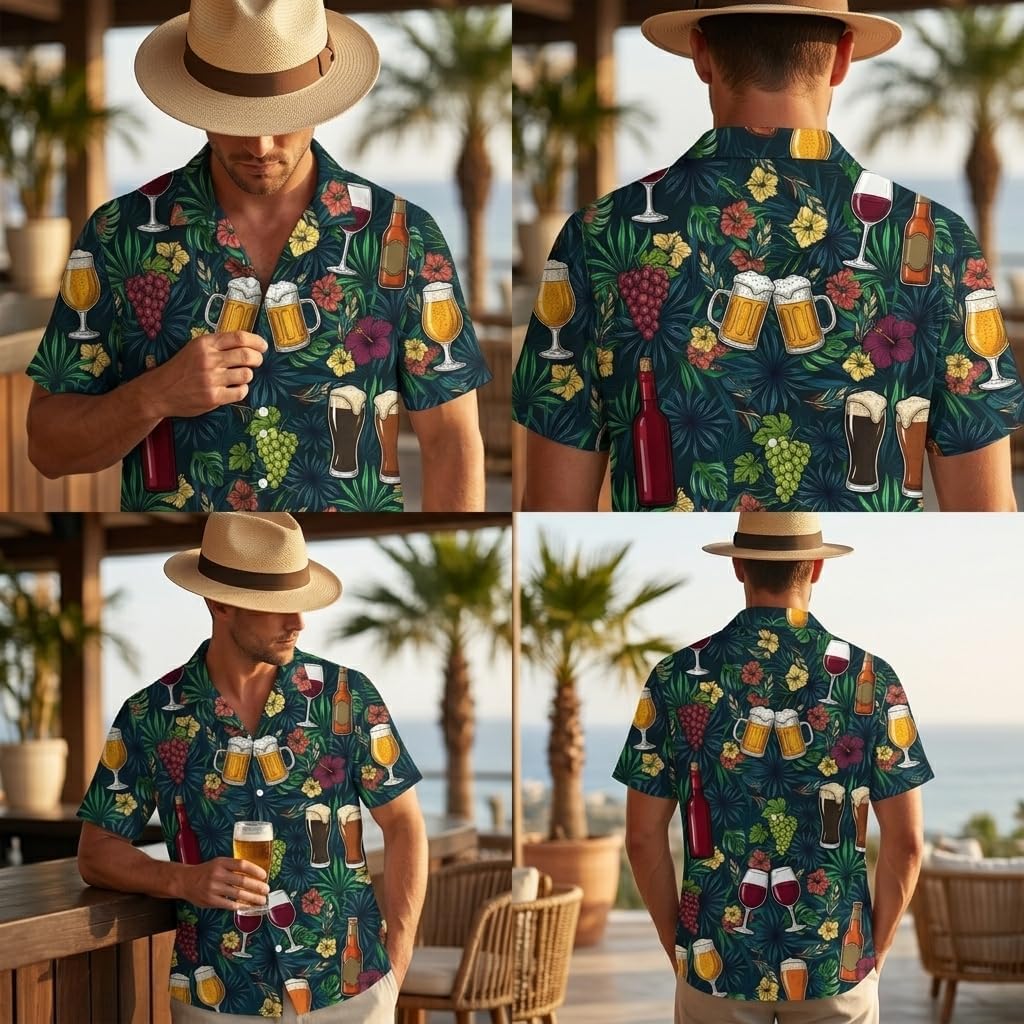 Alcohol Short Sleeve Button Down Hawaii Shirt, 3D Hawaiian Shirt, Beer Hawaiian Shirt for Men TAHW20