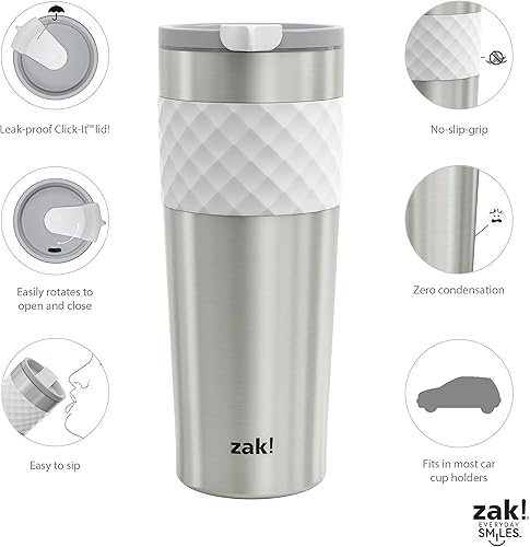 Miniatura 5 de Zak Designs Aberdeen - Vaso de viaje de acero inoxidable 188 aislado al vacío con tapa de clic a prueba de fugas y envoltura de silicona, se adapta
