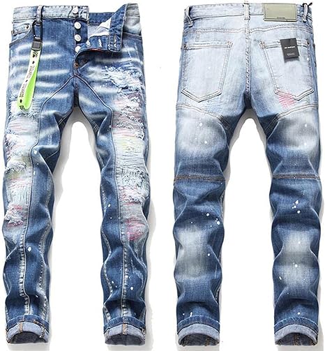 Amazon Co Jp 男性はライトブルージーンズ 塗られたスリムフィットデニムパンツ クラシックなパッチワークカジュアルジーンズ ユースファッションが必要です 青 32 服 ファッション小物