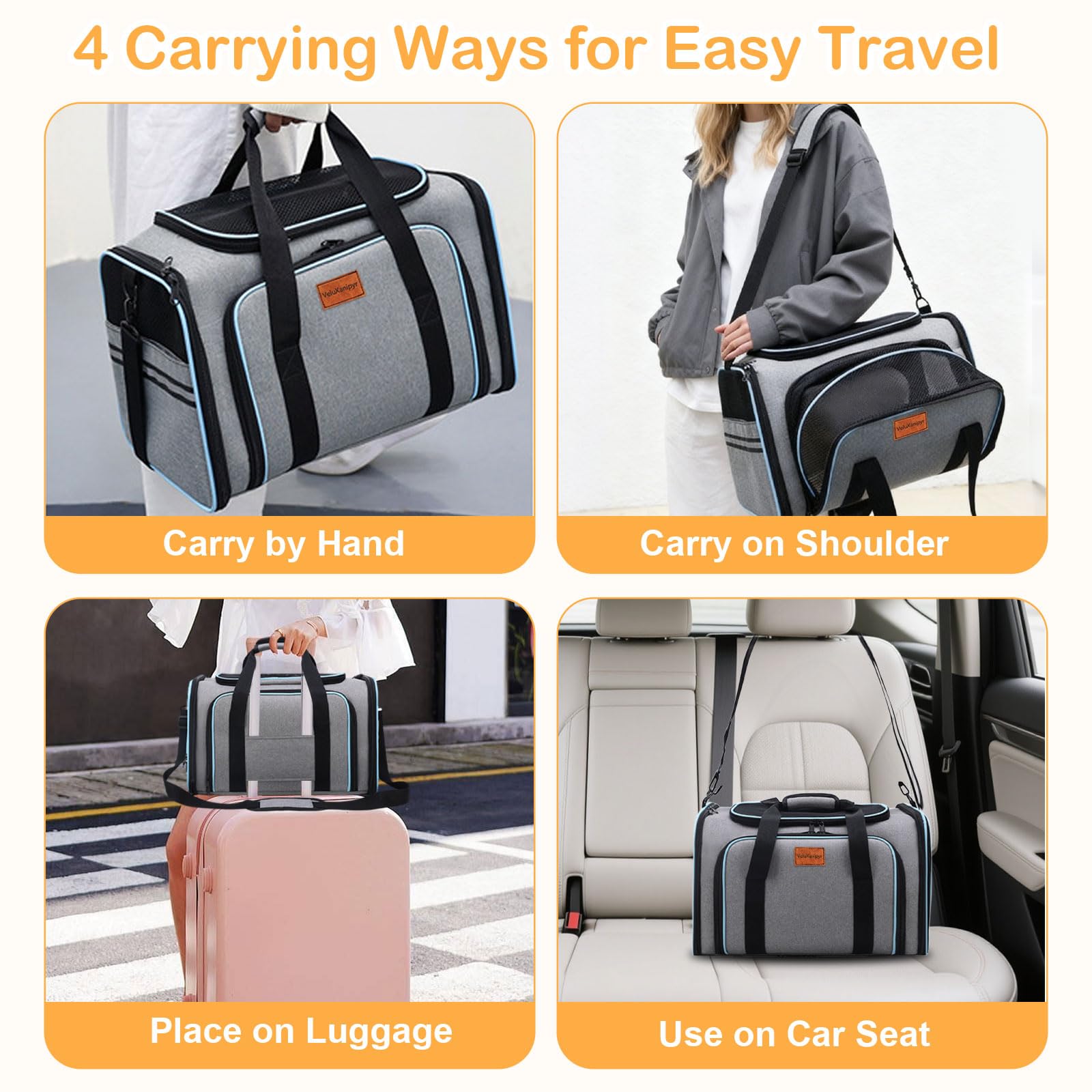 VeluXanipyr Expandable Pet Carrier,Airline Approved Soft-Sided Cat Dog Travel Bag with Hard Shell Base, Blue Trim, Removable Fleece Pad for Small Pets (Gray) - image 5