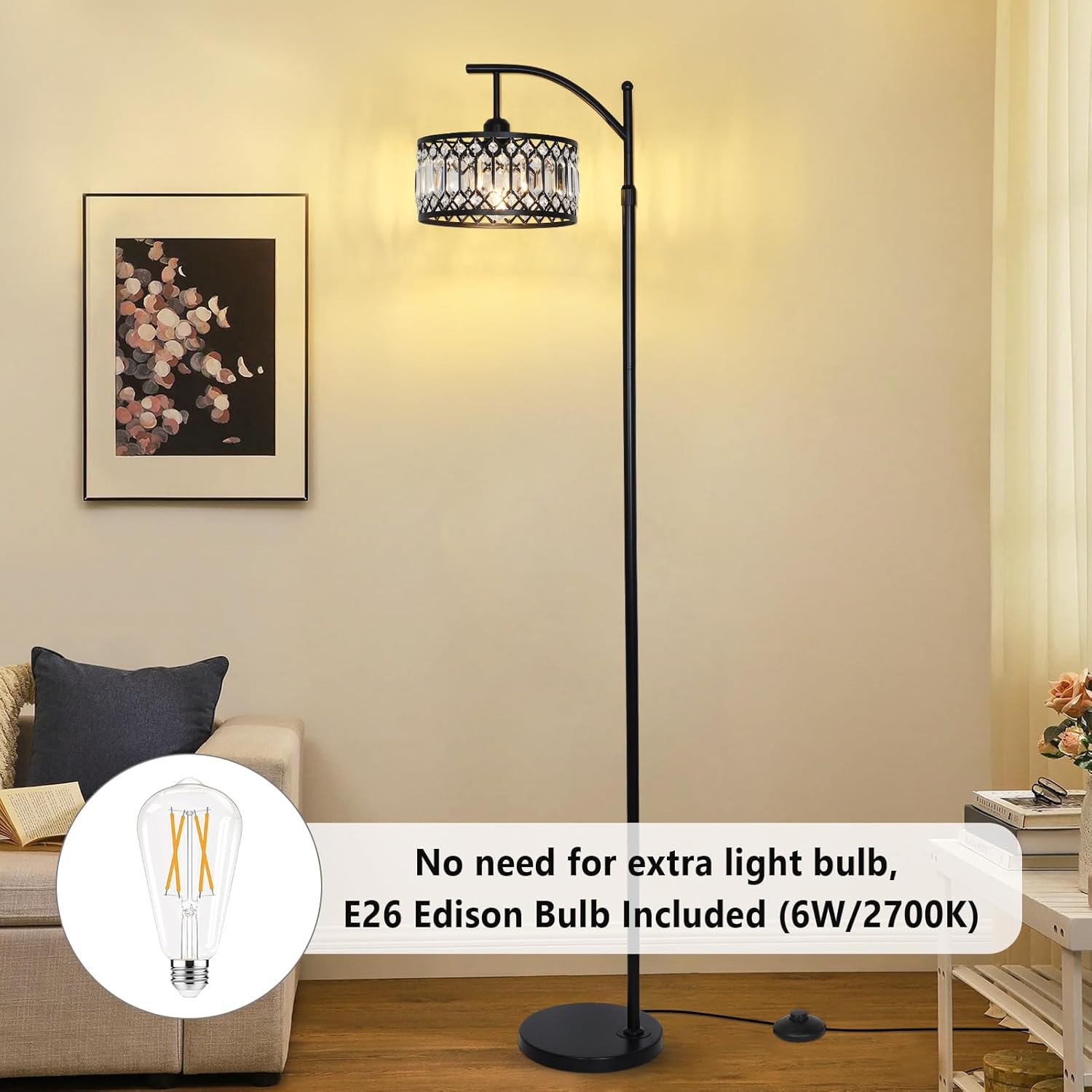 Crystal Floor Lamps for Living Room, Modern Arc Floor Lamp, Black Standing Lamp with Edison Bulb, Height Adjustable Tall Lamp for Bedroom, Corner Stand Up Lamp for Office, Arched Reading Light