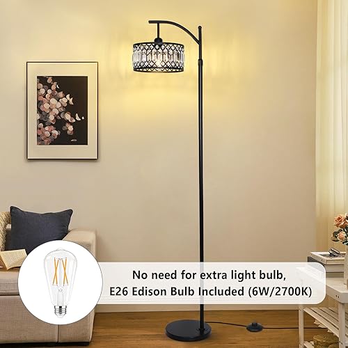 Miniatura 4 de Crystal Floor Lamps for Living Room, Modern Arc Floor Lamp, Black Standing Lamp with Edison Bulb, Height Adjustable Tall Lamp for Bedroom, Corner