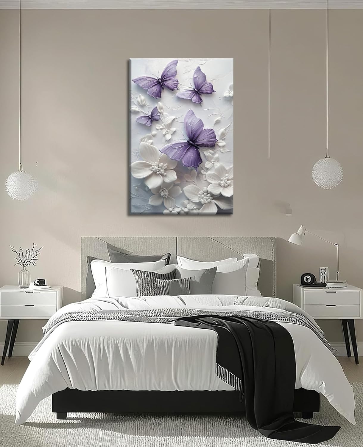 Butterfly Canvas Wall Art Flower Picture Purple Butterflies and White Floral Painting Prints Modern Artwork for Living Room Bathroom Home Office Decor Framed - 16"x24"