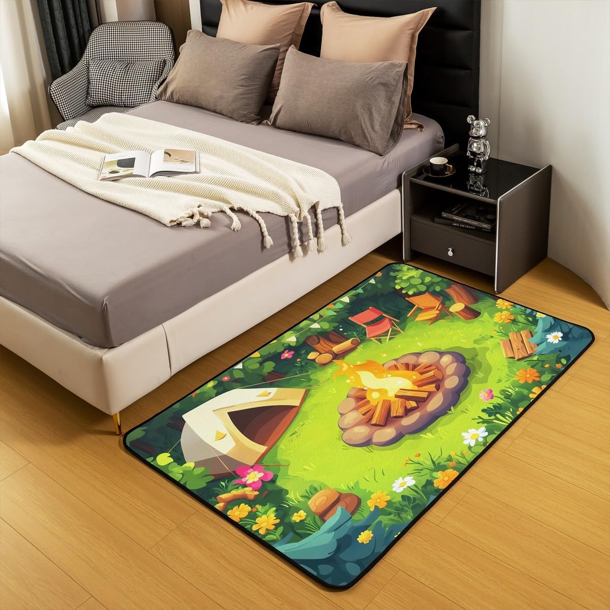 Erosebridal Campfire Area Rug 5x7 Woodland Campsite Rug for Kids Bedroom Living Room Happy Camping Camper Carpet Decor Rv Bunk Accessories Indoor Floor Mat Non Slip