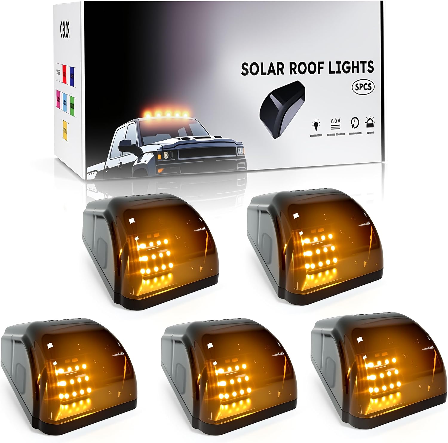 5PCS Solar LED Cab Roof Marker Lights, Waterproof Top Clearance Identification Running Lights Fit for Pickup SUV Off-Road Truck Engineering Vehicles (Amber)