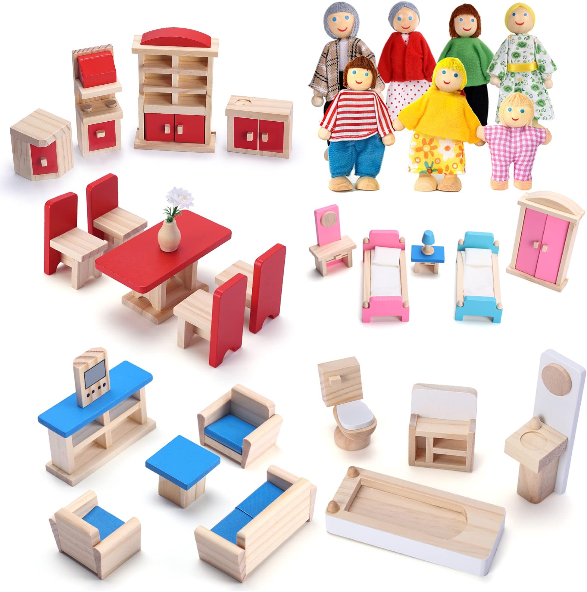Giragaer Dollhouse Furniture Wooden Doll House Furnisher 5 Set and 7 Family Dolls, Doll Wood Accessories and Furnishings for 1:12 Scale Miniature Dollhouse, Family Figures Pretend Play Toy
