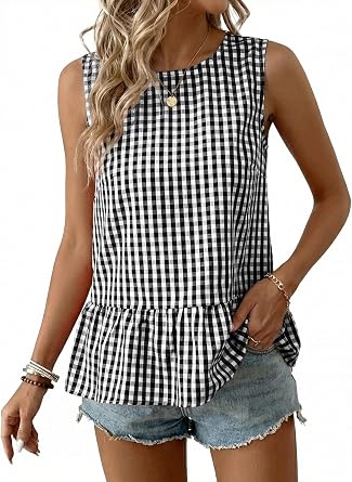 BLENCOT Babydoll Tops for Women Gingham Sleeveless Ruffle Hem Camisoles