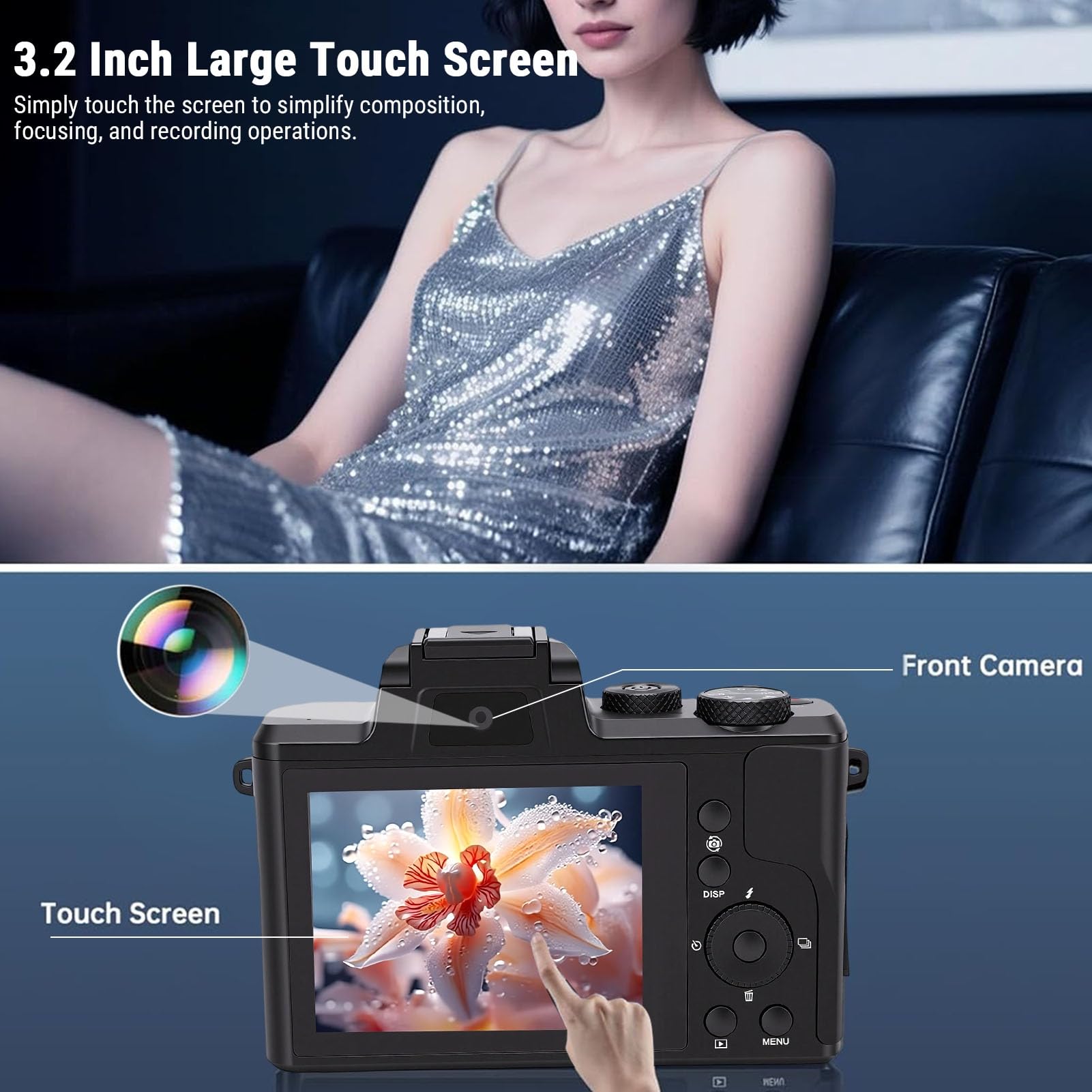 VBESTLIFE Cámara Digital 8K, Lente Dual de 88MP Pantalla Táctil de 3,2 Pulgadas WiFi Zoom Digital 16X, con Estabilización de 6 Ejes, para Vlogging y Fotografía