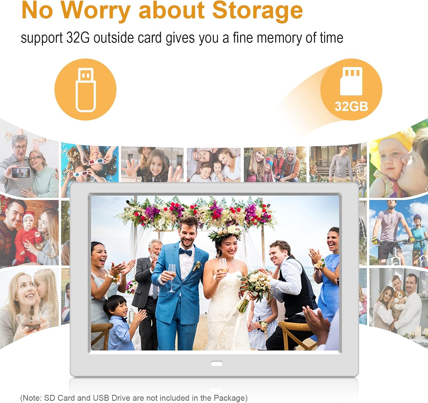 Digital photo frame displaying a wedding photo, with icons for USB and SD card storage.