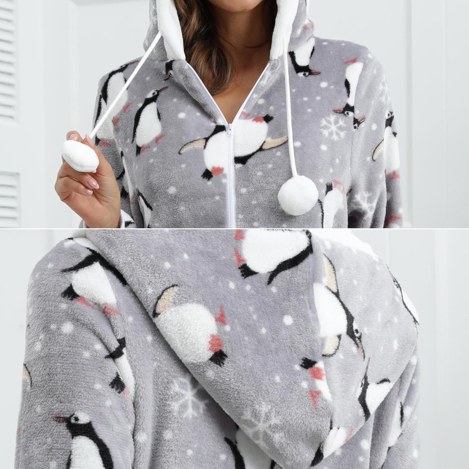 Womens Hooded Onesie Adult Jumpsuit Warm Fluffy Soft Flannel Soft One Piece Pajamas Zipped Overall Winter PJs - Image 7