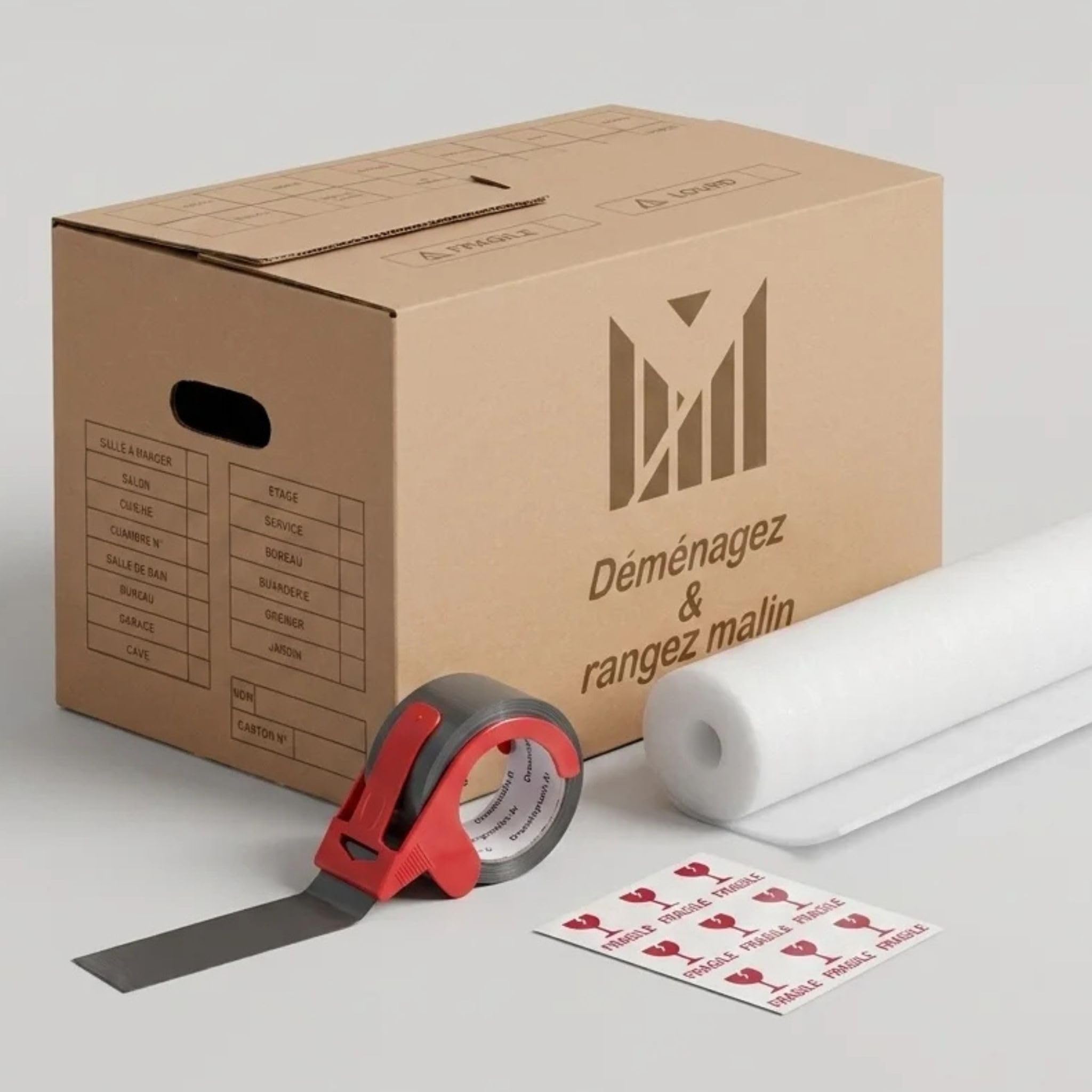 Kit Déménagement T3 Complet 40 Cartons Renforcés 50x30x30 cm avec Mousse Adhésifs Distributeur Étiquettes Fragile