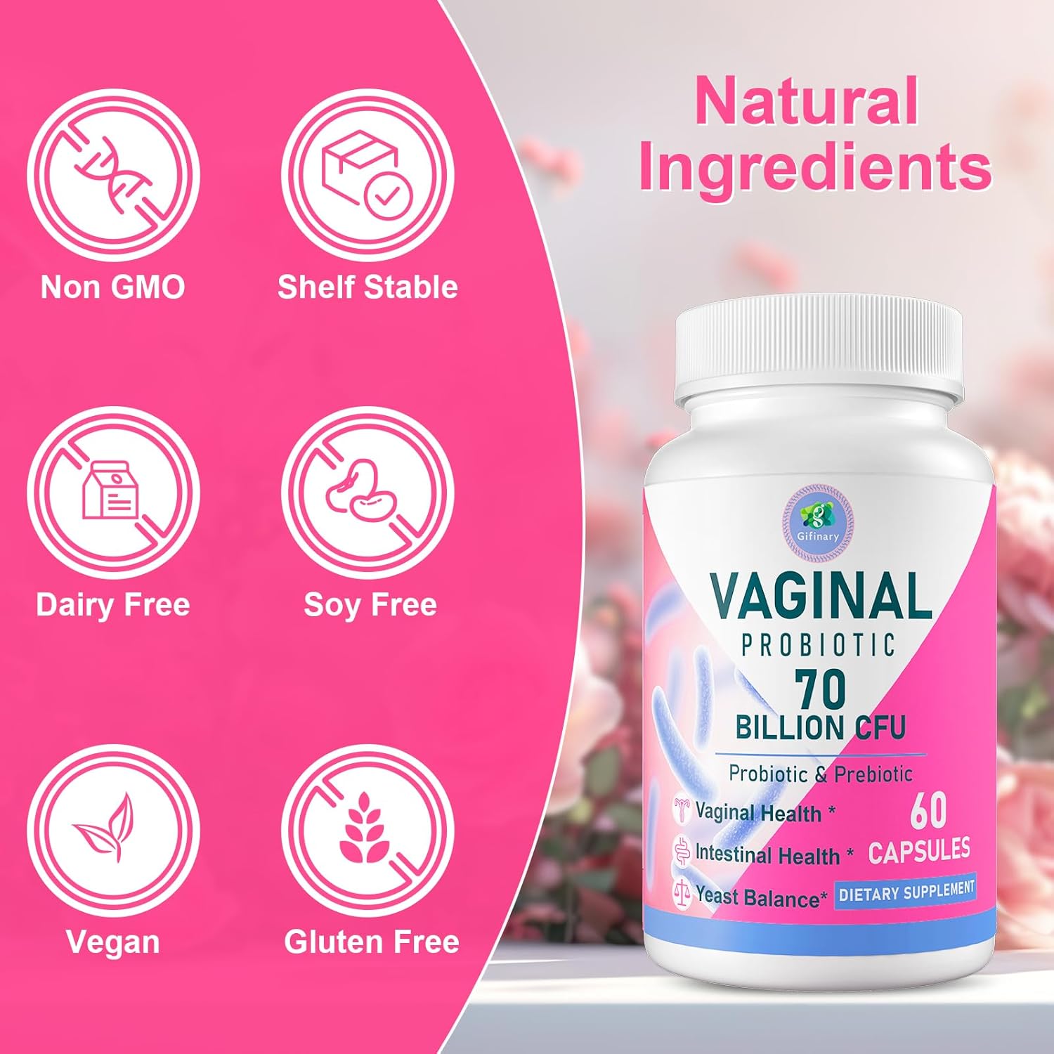 Vaginal Probiotics, PH Balance for Women, 70 Billion CFUs Womens Probiotic for Vaginal health, Urinary, Odor Control, Flor, Ph Balance & Hormone, with Prebiotic & D-Mannose - Shelf Stable, 60 Caps