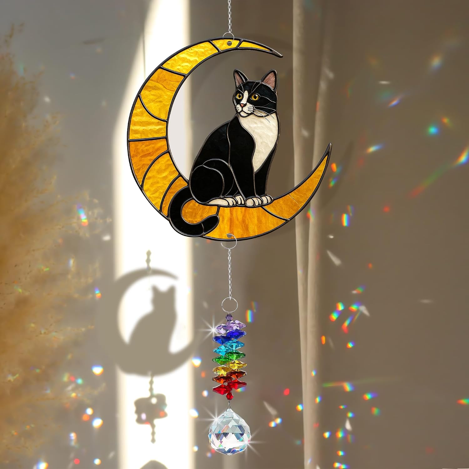 Tuxedo Cat Suncatcher – Black and White Cats Decor Hanging on Moon with Crystal Prism – Tuxedo Cat Gifts for Women, Home or Garden Gift Idea