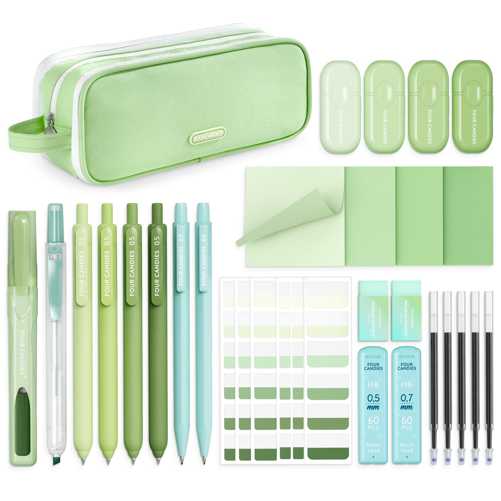Four Candies Aesthetic Stationery with Green Pencil Case, Back to School — image 1