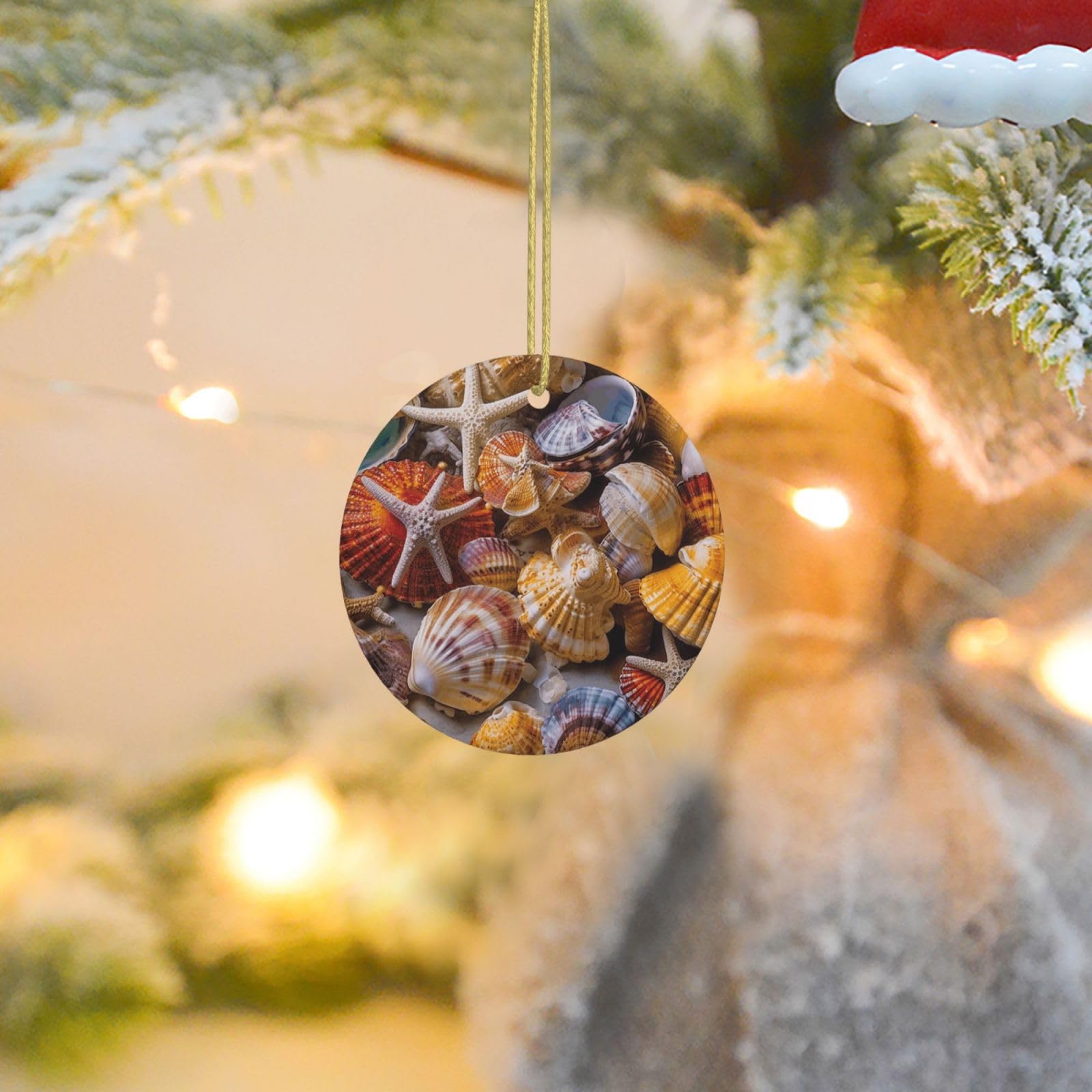 Christmas Tree Ornaments Ceramics Christmas Round Decorations Sea Shell Treasures Ceramics Ornaments Circle Pentagram Xmas Tree Hanging Pendant for Christmas Tree Party Holiday Home Decor
