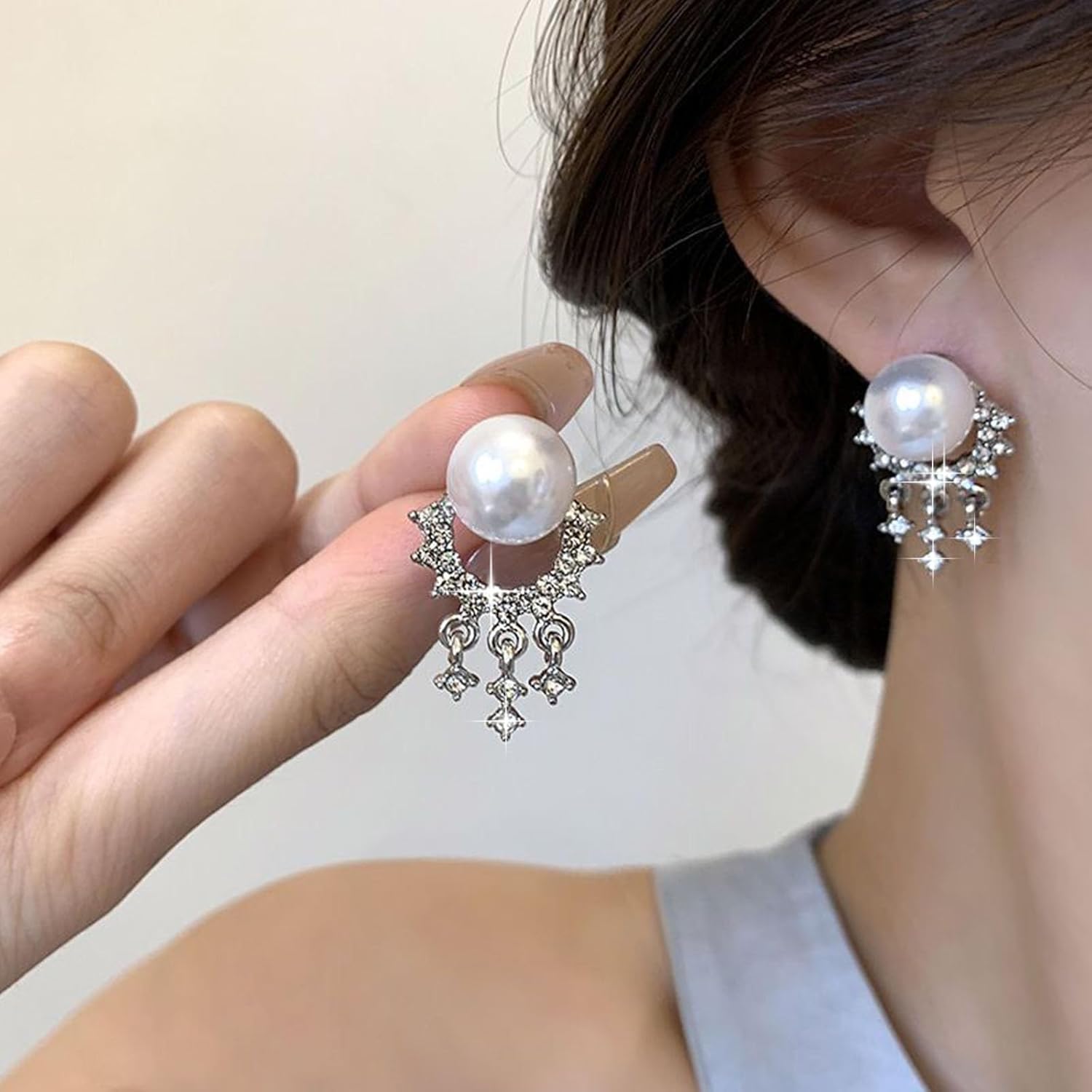 Vintage Crystal Pearl Earrings Silver Cz Tassel Earrings Rhinestone Pearl Stud Earring Crystal Chandelier Drop Earring Jewelry for Women - Image 2