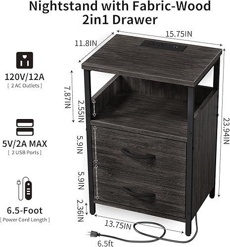 Miniatura 3 de Mesita de noche con estación de carga, mesa auxiliar con cajón de madera de tela, mesa auxiliar blanca con puertos USB para dormitorio, sala de estar