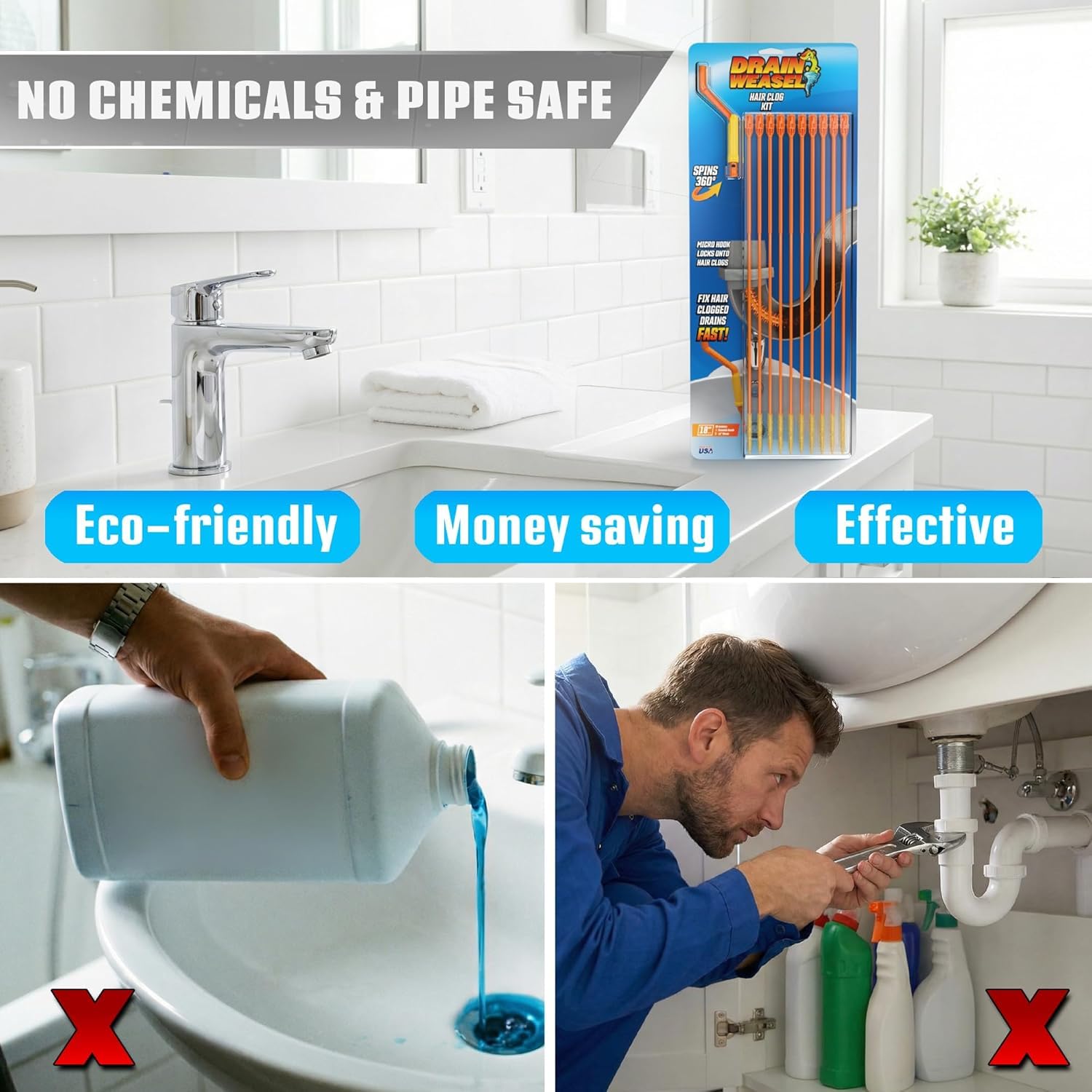 FlexiSnake Kit de herramientas para eliminar obstrucciones de pelo de serpiente, fregadero, tubería, baño, limpiador de drenaje de tina, 18 pulgadas de largo, flexible, fabricado en los Estados Unidos
