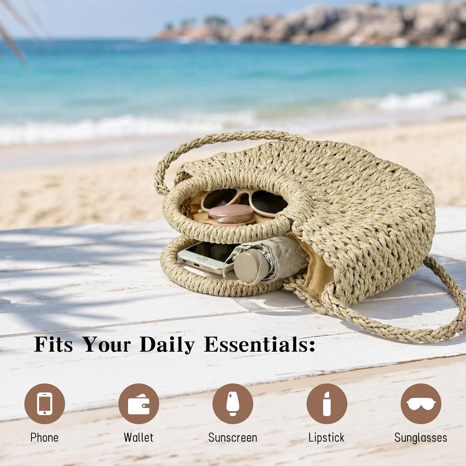 Straw Crossbody Bags for Women, Handwoven Beach Tote with Top Handle, Drawstring Closure Summer Purse