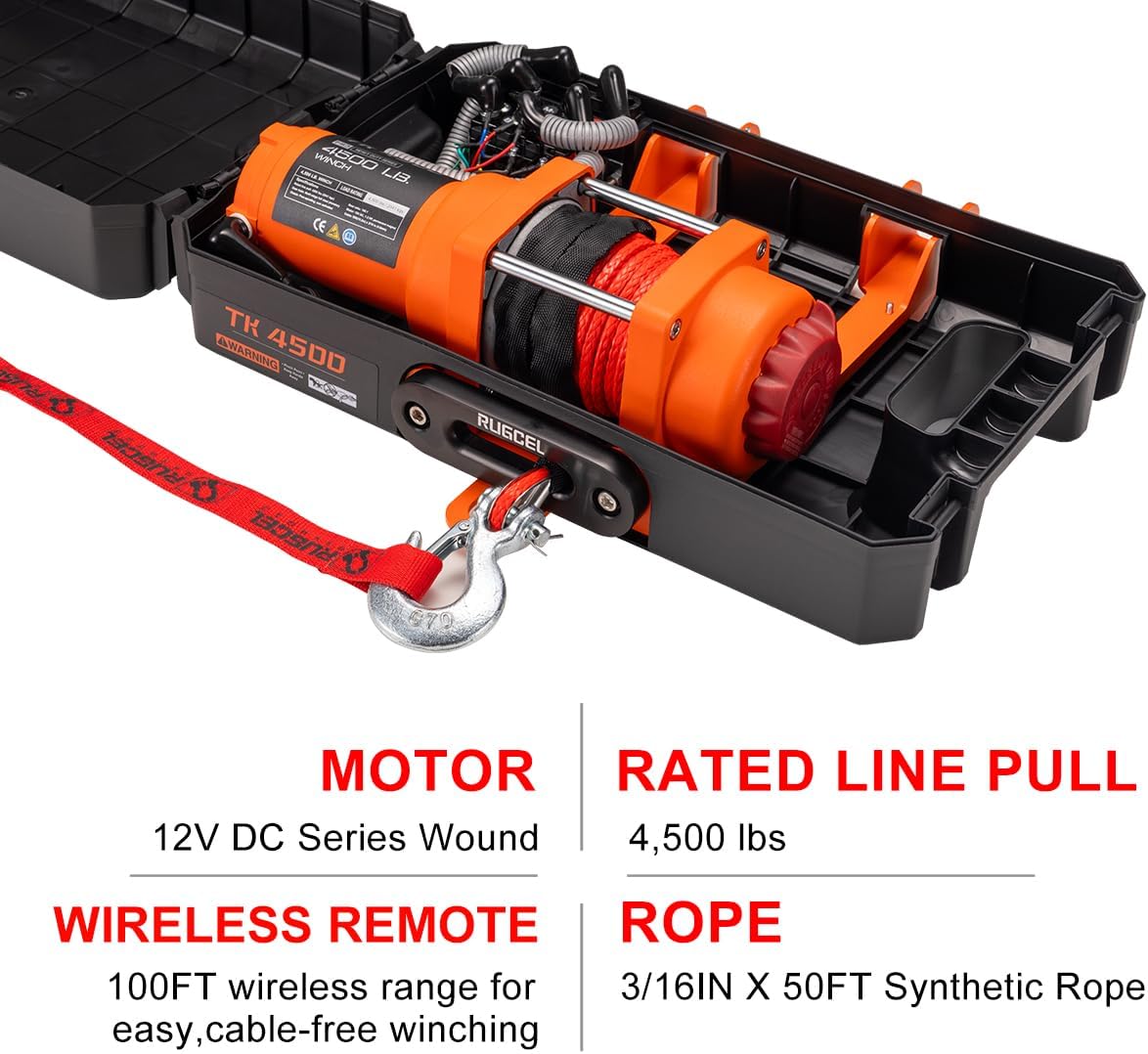 rugcel winch portable winch 12v dc electric utility winch,4500lb/2041kg single line pull with steel mounting plate, integrated hawse fairlead and synthetic rope,infrared remote control,atv utv winch tk4500