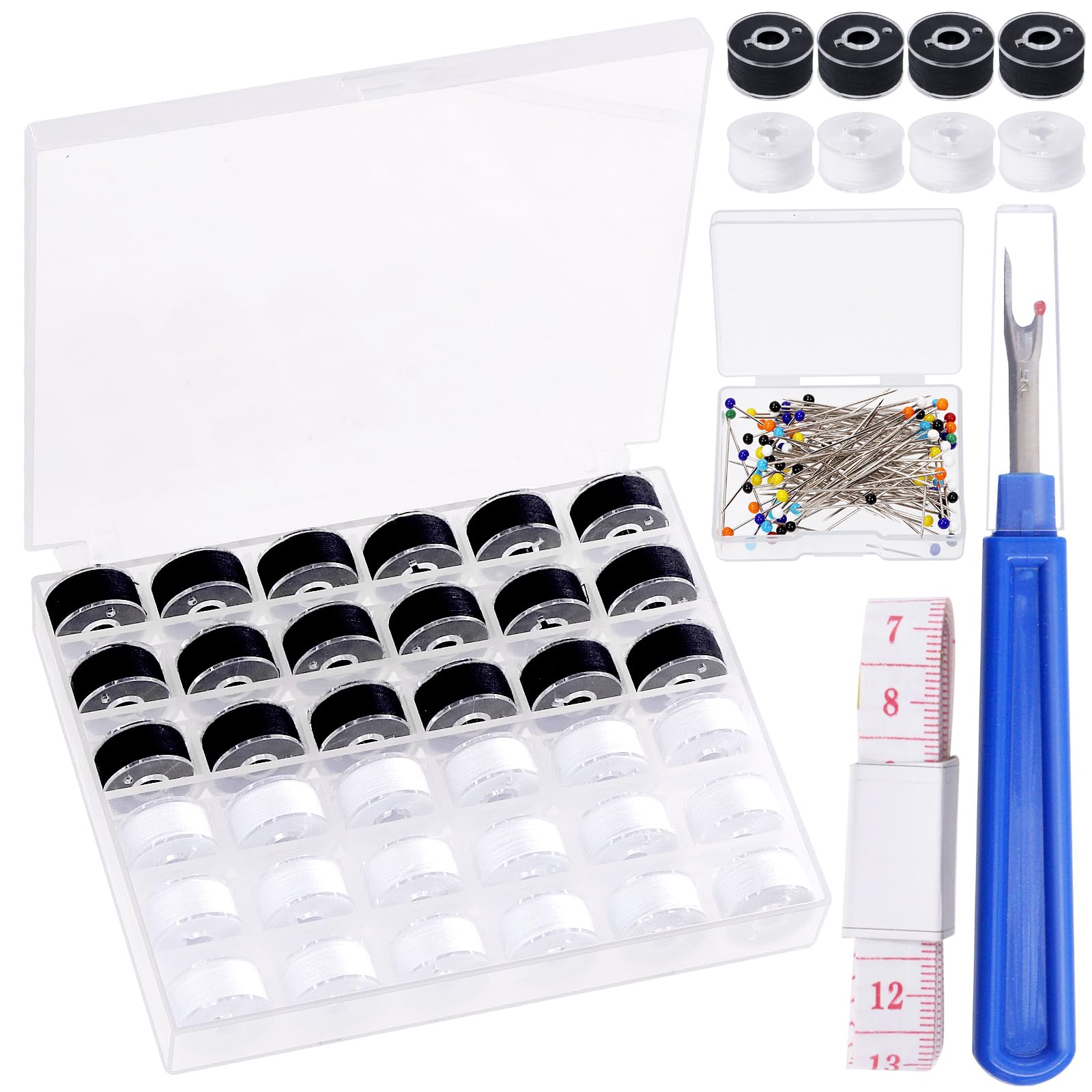 Swpeet 138Pcs Black and White Prewound Bobbin Thread with Clear Storage Plastic Case Box, Polyester Thread Pre-Wound Bobbins Set Sewing Thread Kit for Hand Machine Sewing Craft Supplies