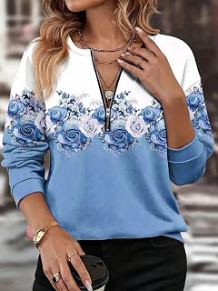 Women's Casual Long Sleeve Pullover Sweatshirt Half Zip Vintage Print Loose Top Fashion Clothes