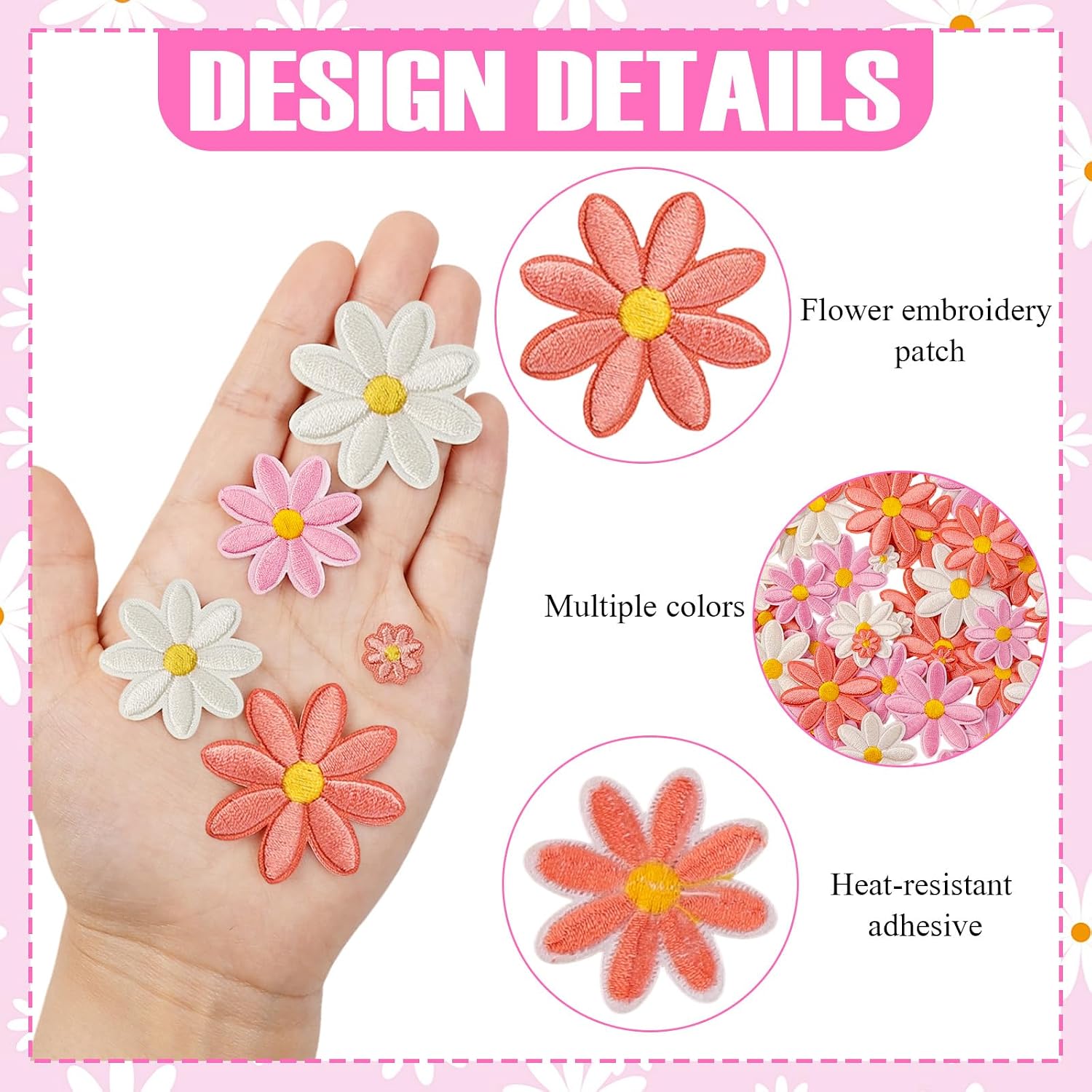 60 Pcs 4 Sizes Daisy Flower Iron on Patches Daisy Floral Embroidered Patches Colorful Flower Applique Patches Cute Sew On Patches for Clothes Hats Bags Jackets Jeans DIY Decoration