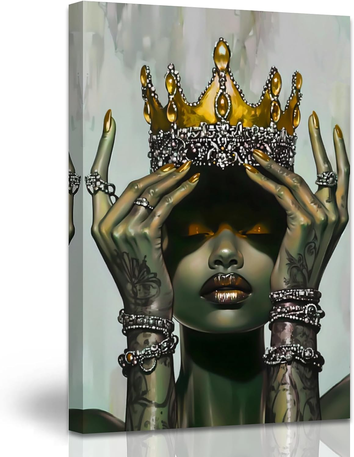 AWPANERAR African American Wall Art Black Woman Canvas Print African Queen with Crown Pictures Elegant Woman Painting Black Girl Poster Bedroom Decor Framed (Blue, (18L x 12W))