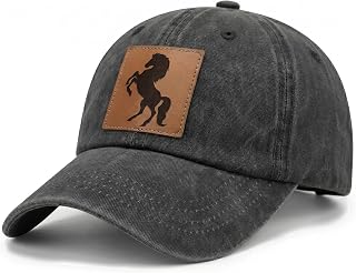 Leather Patch Horse Baseball Cap, Laser Engraved Washed Cotton Dad Hat, Premium Equestrian Horse Lovers Cowboy Gift Black