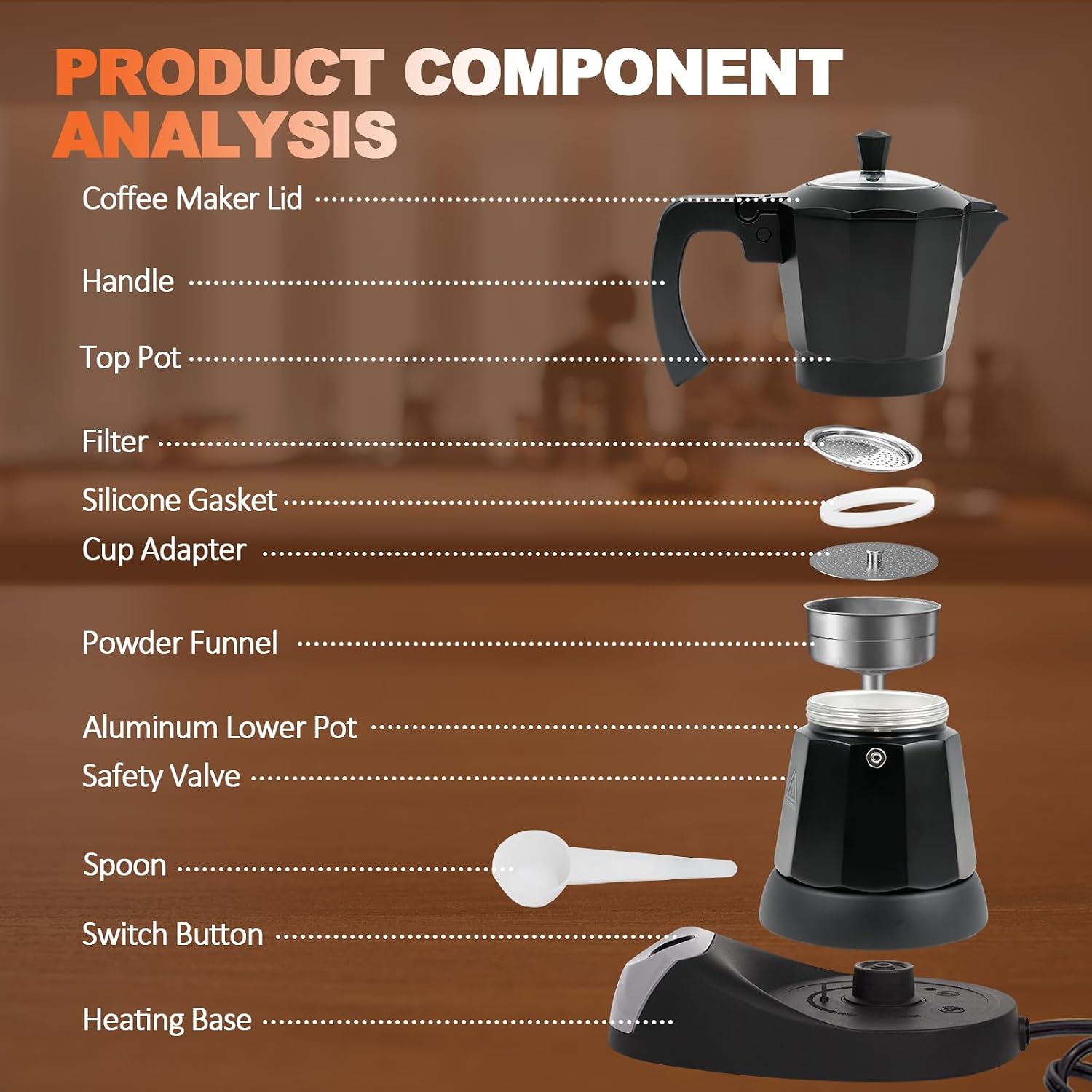 Electric Aluminum Moka Pot 3-6 Cup 150-300ml Stovetop Espresso Maker