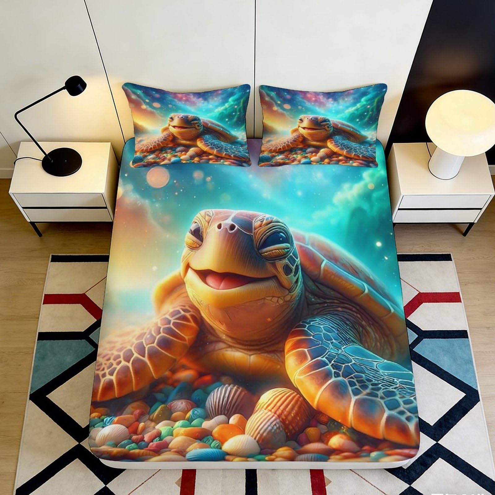 3D Printed Sea Turtle Fitted Sheet Microfiber Soft Ocean Reef Bed Cover for Bedroom Dorm Mattress Protection Decor 90x200x25cm