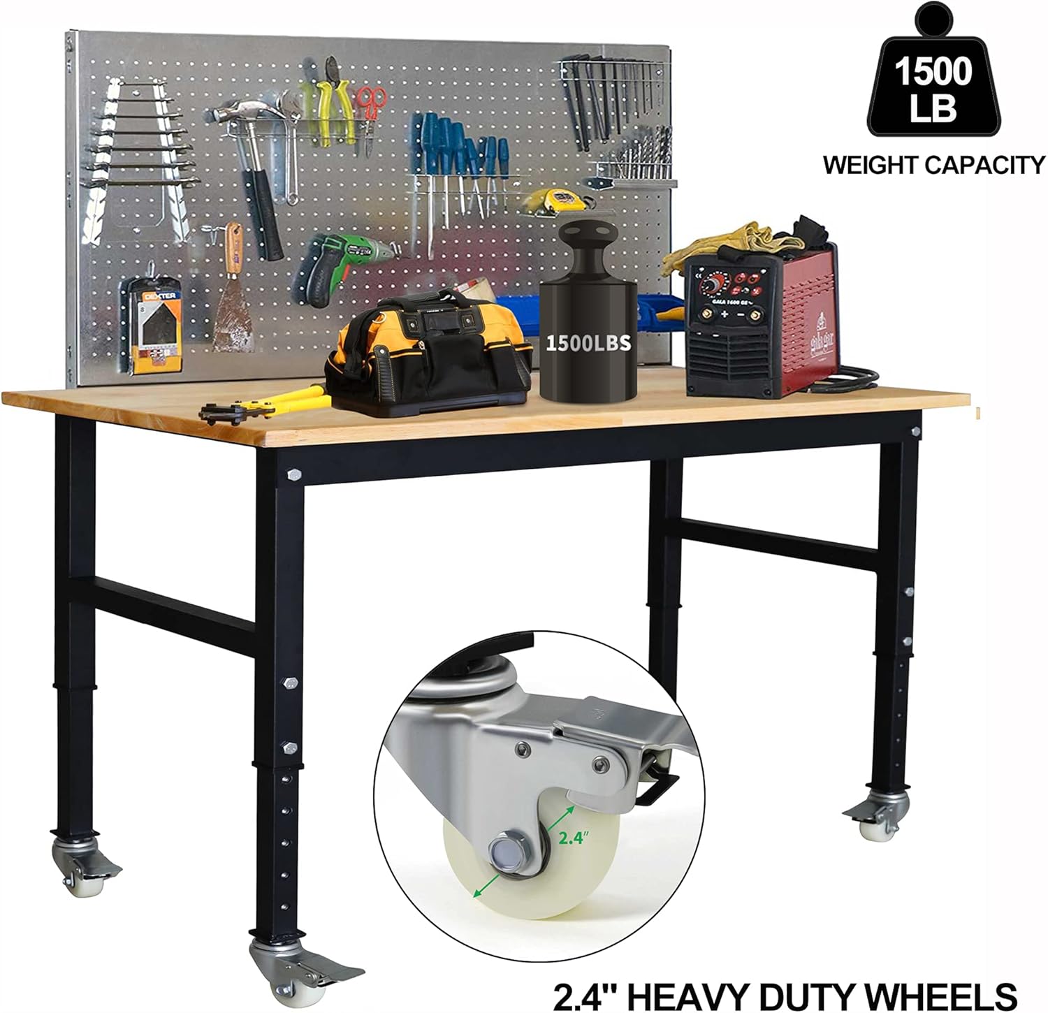 47.2"x 23.6" Bamboo Wood Garage Workbench w/Adjustable Height 25.4"-35.2" Multifunctional Workstation on Wheels 1500 Lbs Commercial Steel Work Tool Table Computer Desk Work Bench for Home Office : Tools & Home Improvement