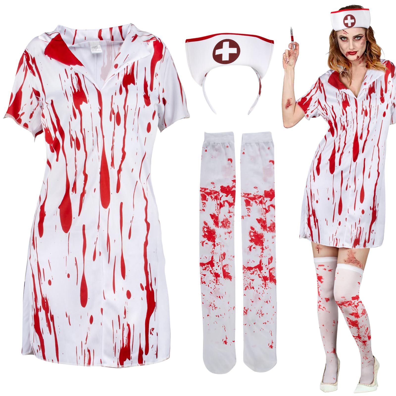 3pcs Bloody Zombie Nurse Uniform Nurse+Blood Socks+Nurse Cap Accessories for Women Halloween Costume