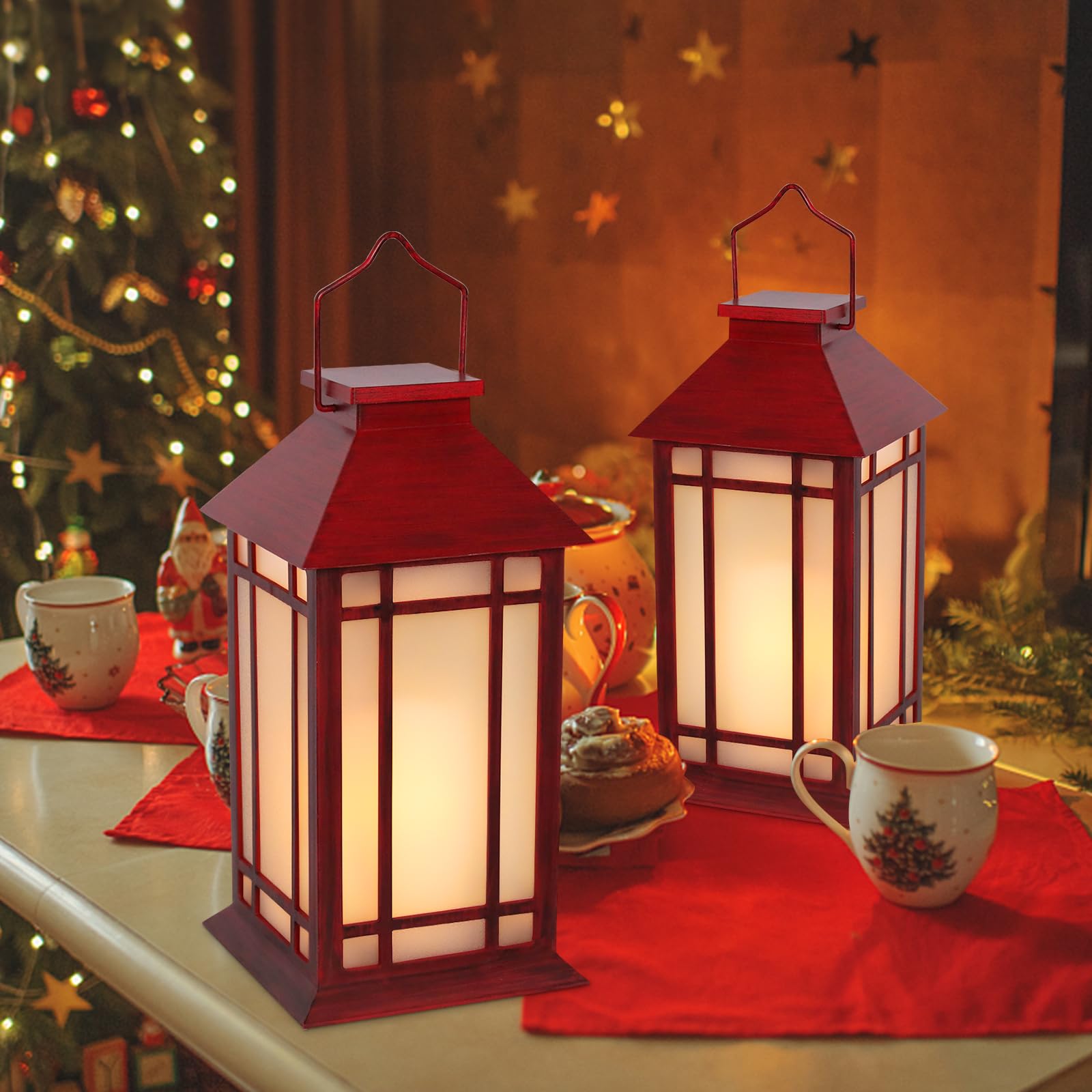 Faroles blancos decorativos para exteriores – Faroles de metal navideños festivos, paquete de 2 faroles colgantes para interiores y exteriores, decoraciones de fiesta de vacaciones