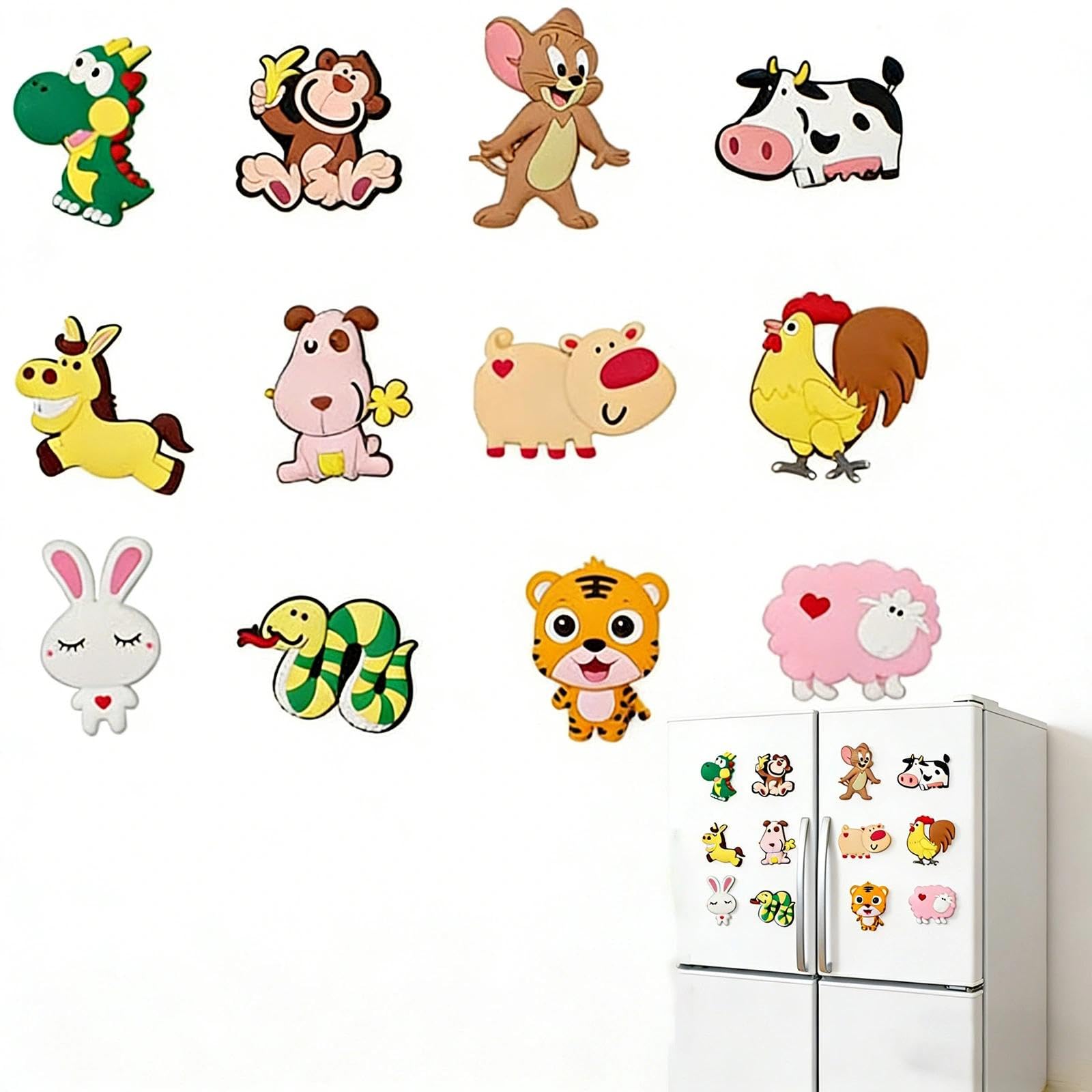 12 Aimants Frigo Animaux Mignons - En Caoutchouc Souple PVC - Pour Décorer Frigo, Tableaux Magnétiques - Cadeau Enfant éducatif