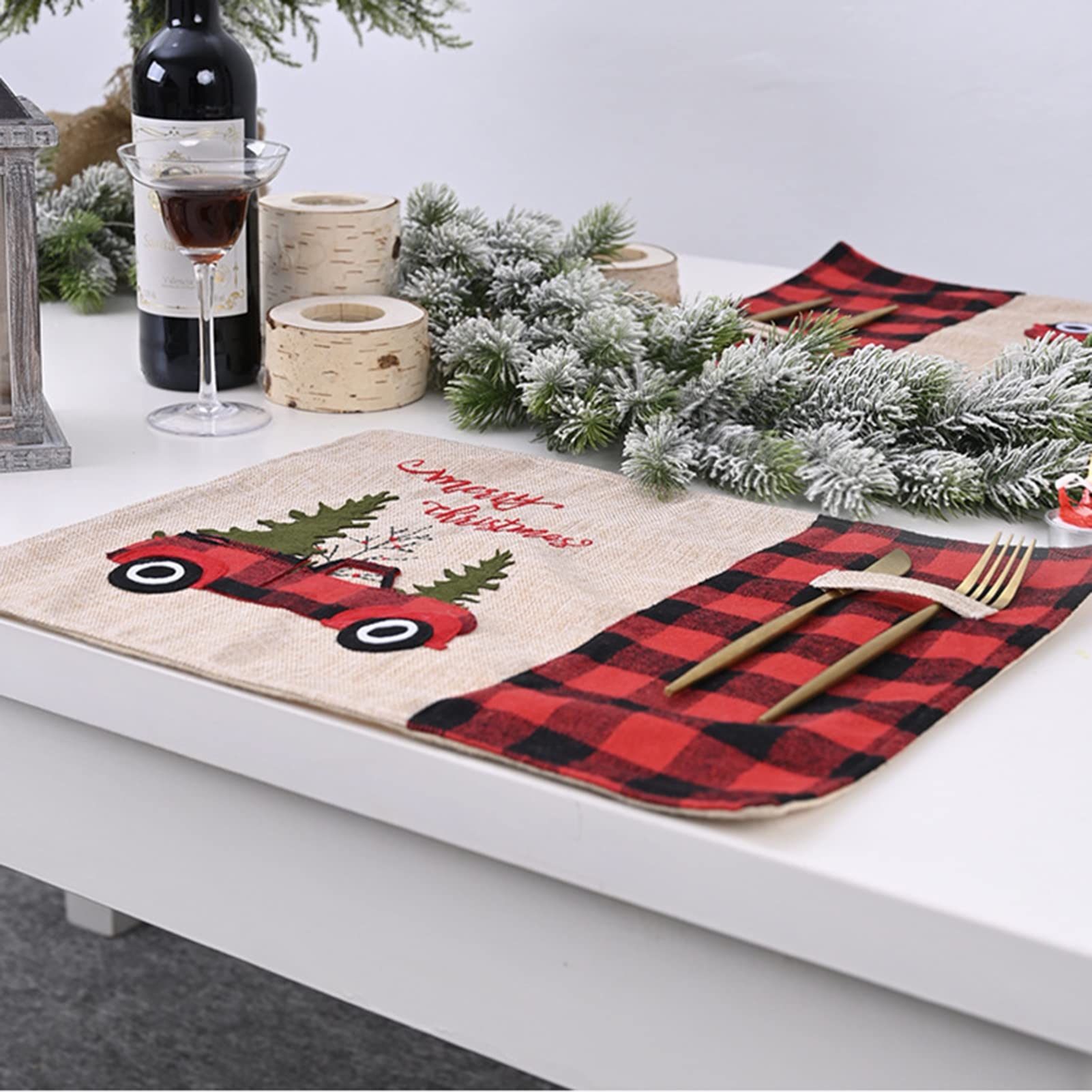 RENRUIRUI- Set De Table De Noël Set De 4 Tapis De Table Camion Rouge Ferme, Sets De Table À Carreaux De Buffle Rouge Et Noir Pour Table À Manger Décor De Noël