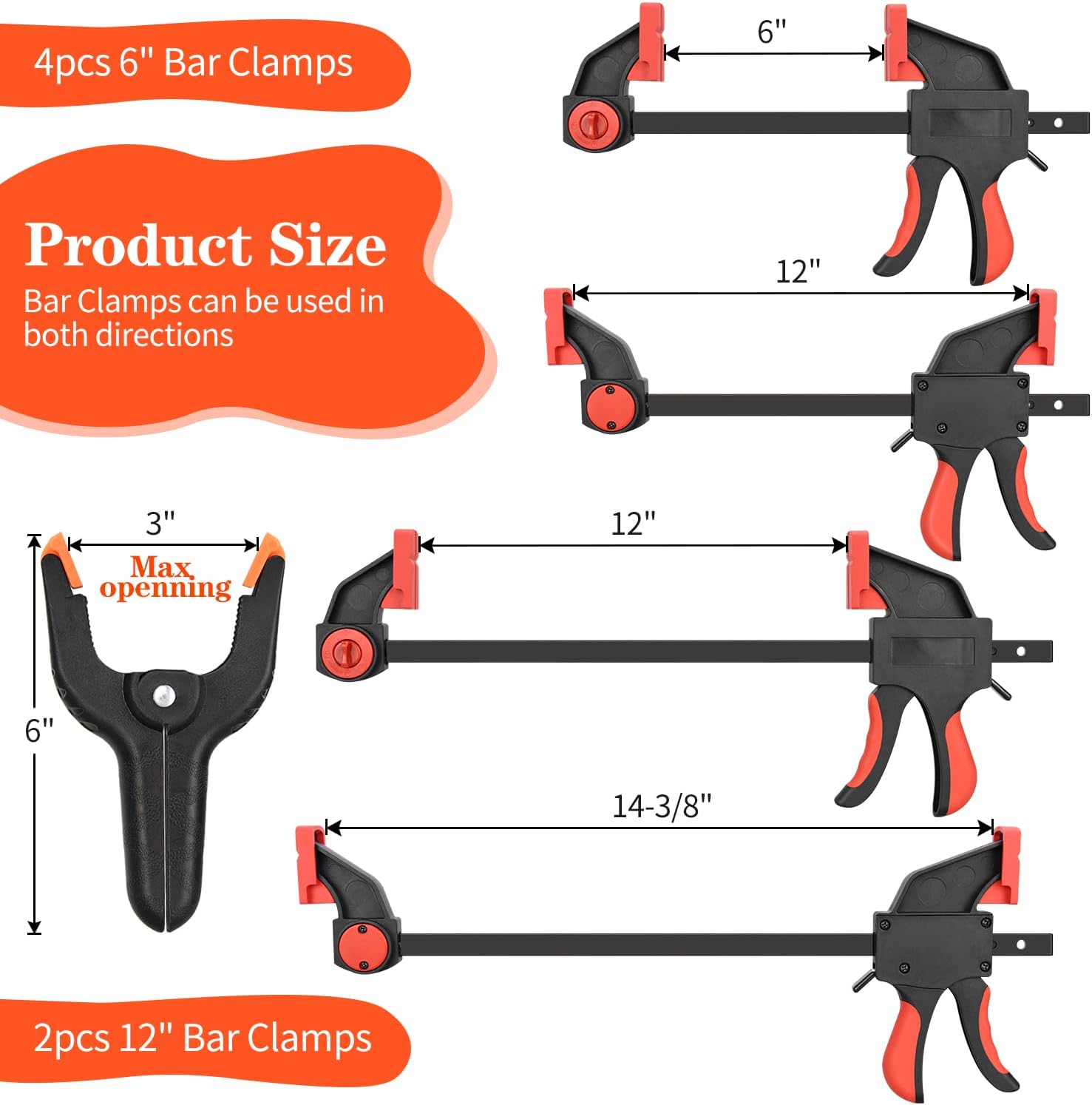 2pcs 12" and 4pcs 6" Bar Clamps and 4pcs 6" Spring Clamps for Woodworking, Quick Release F Clamp with 150lbs Load Limit