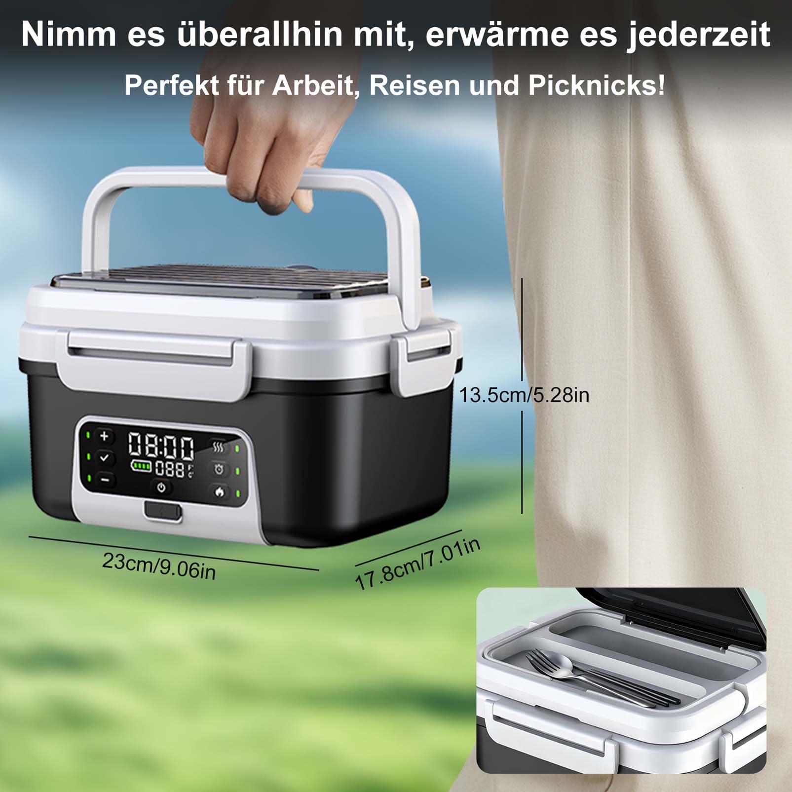 Cordless Elektrische Lunchbox mit 20,000 mAh Akku， automatischer Aufheizfunktion 1,5L Lunchbox for Adult mit Isoliertasche, Gabel & Löffel