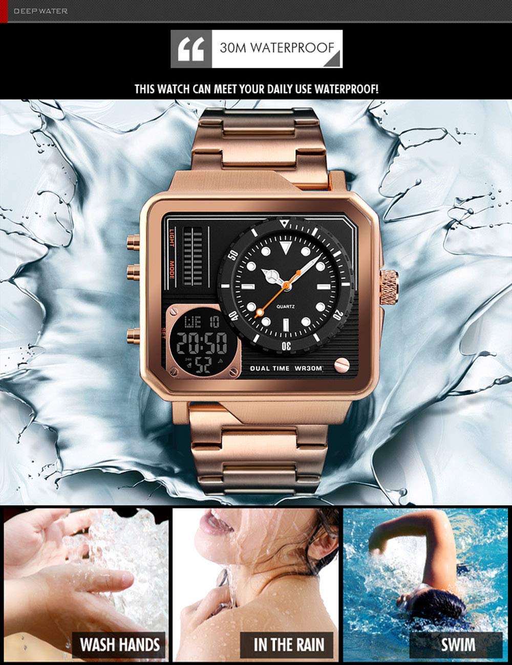 Orologio sportivo digitale da uomo, quadrante grande, in acciaio inox, con LED, analogico, al quarzo, con cronometro impermeabile multi-fuso orario, Argento, big, Digitale