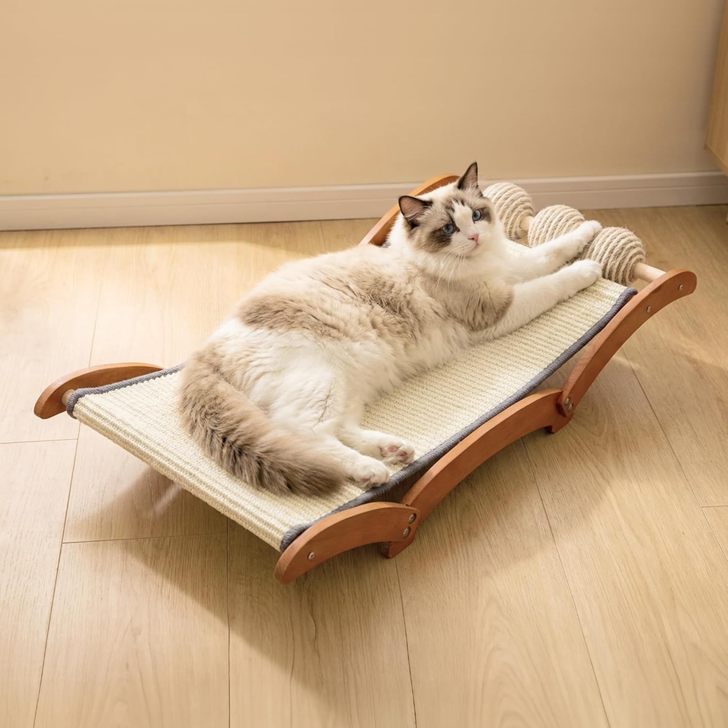 Extra Large Cat Scratcher Bed with 3 Sisal Balls, Wood Lounge
