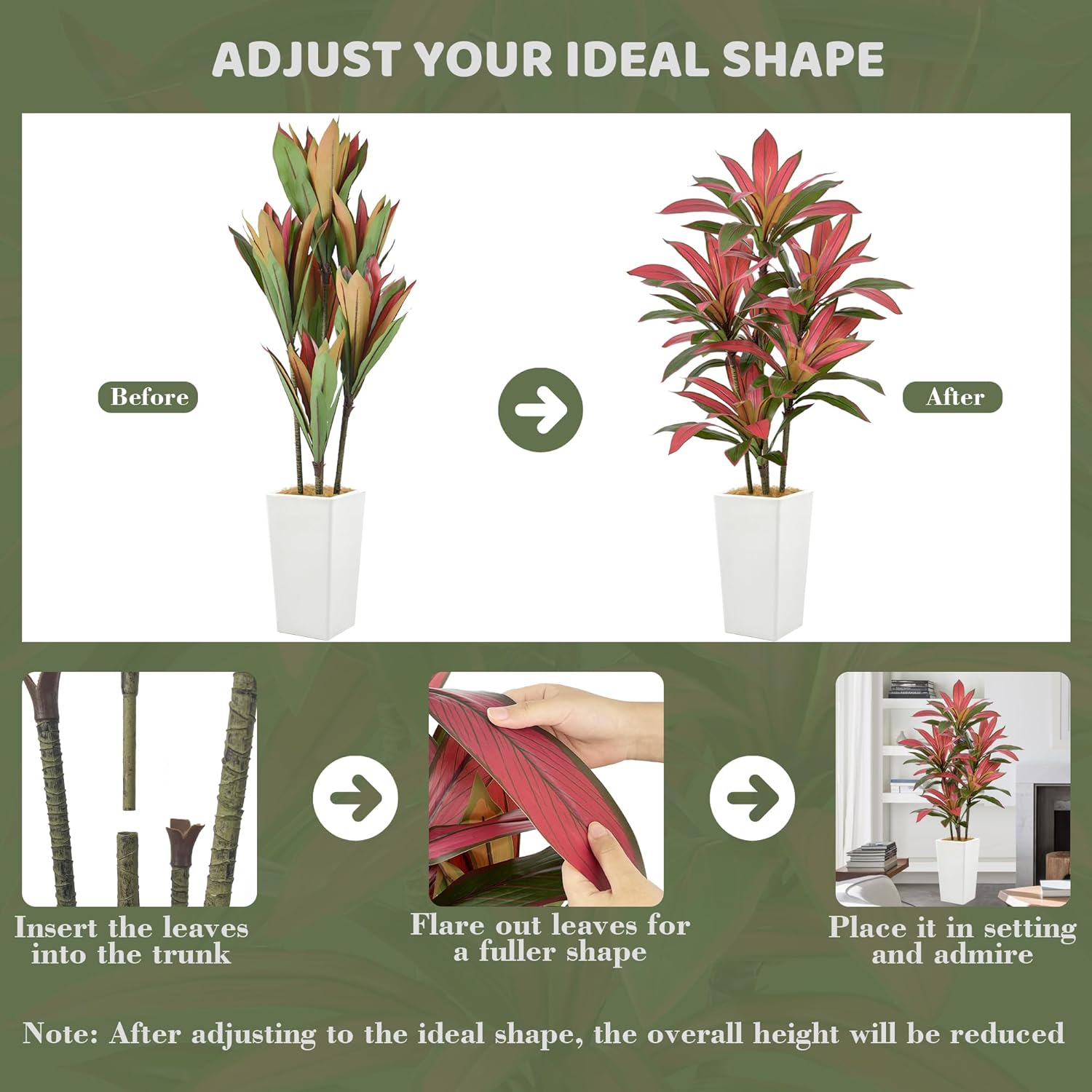 Artificial Red Dracaena Tree 5FT with 90 Leaves & 6 Heads & White Tall Planter Cover with Coconut Fiber Tall Faux Tropical Silk Bicolor Plant 60 Inch for Indoor Home Office Porch Mall Decor - Image 5