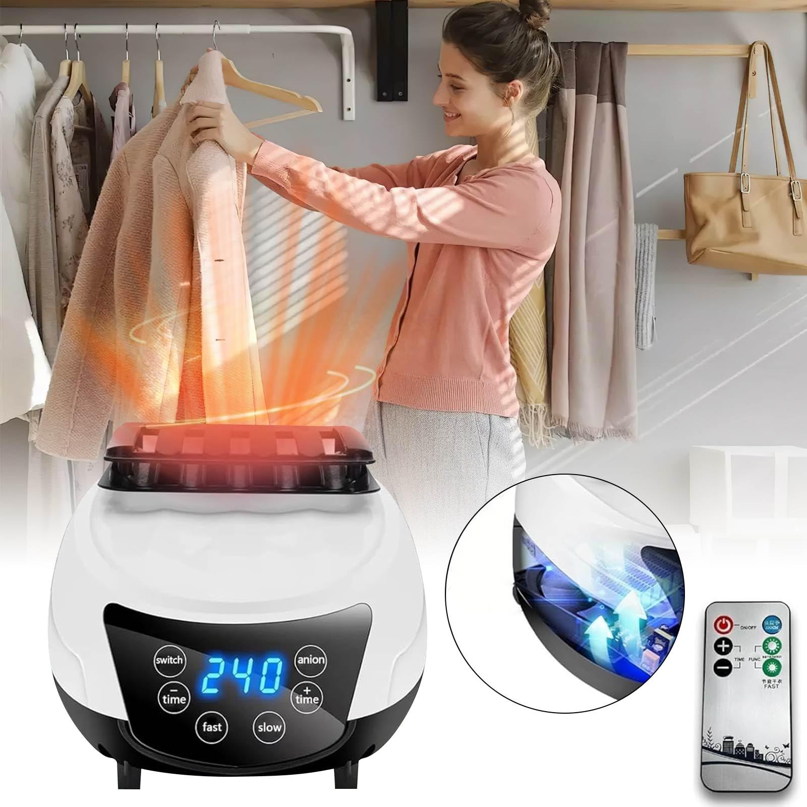 Secadora de ropa eléctrica con función de calefacción, 31 cm, mini secadora de ropa, portátil, con temporizador 60/120/180/240 min, indicador LED, 1500 W, con mando a distancia, para la ropa en casa