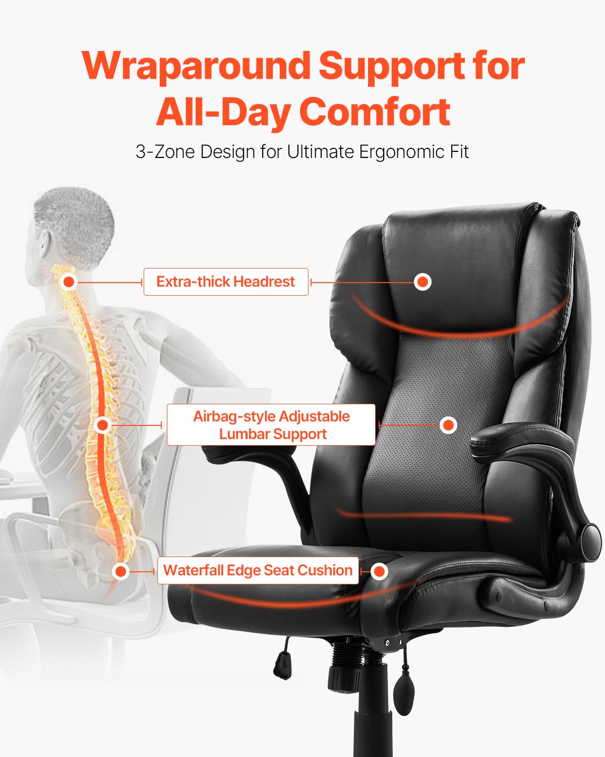 VEVOR Sedia Girevole da Ufficio con Braccioli Ribaltabili Cuscino Lombare, Poltrona Direzionale Ergonomica, Sedile da Ufficio in Pelle PU, Carico max. 136,08 kg Altezza Regolabile, Sedia da Studio