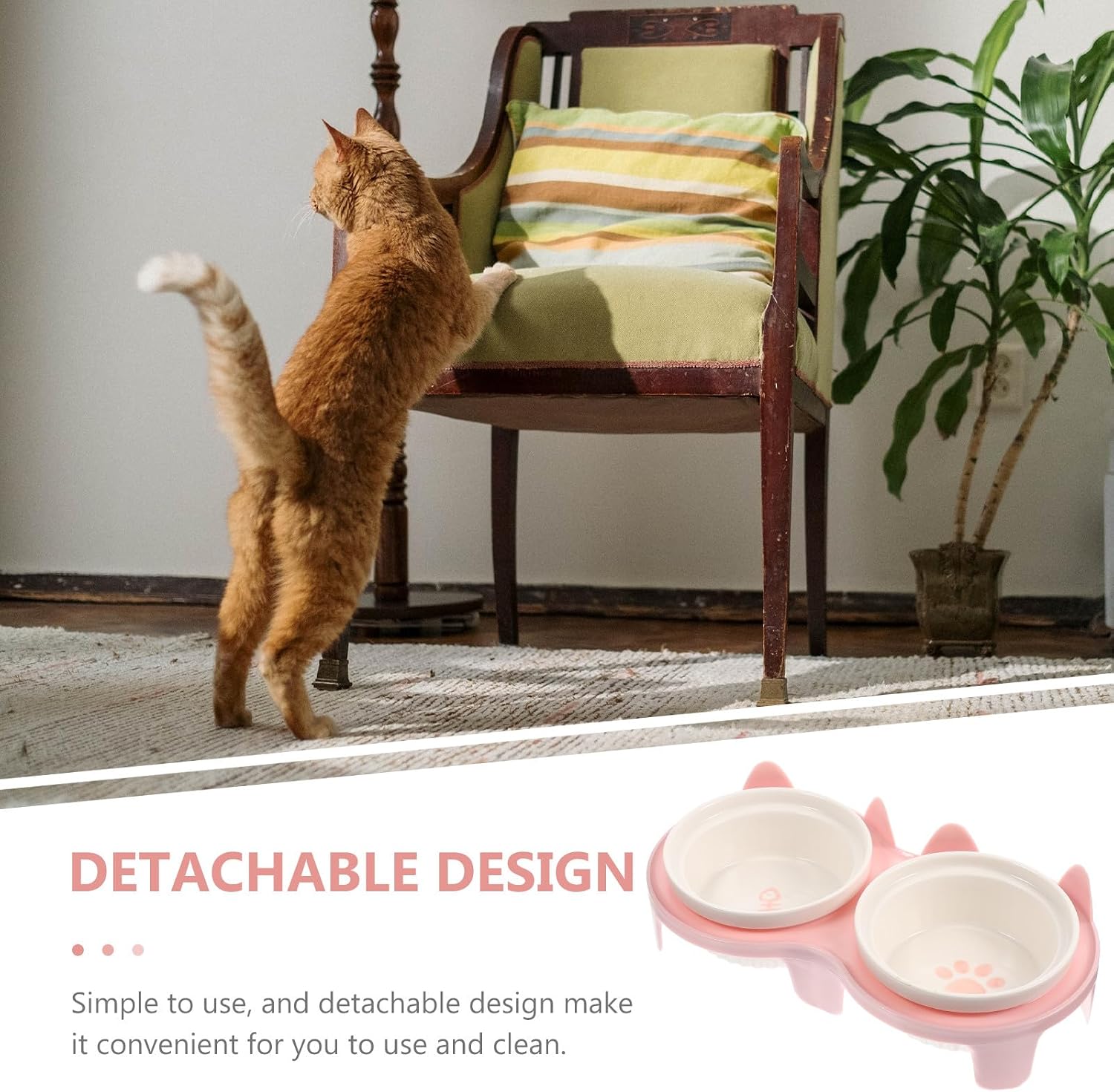 Ceramic Elevated Cat Bowl Set with Non-Slip Pink Stand, Double Pet Food and Water Bowls for Neck Protection, Sturdy Thickened Design for Indoor Cats image 3