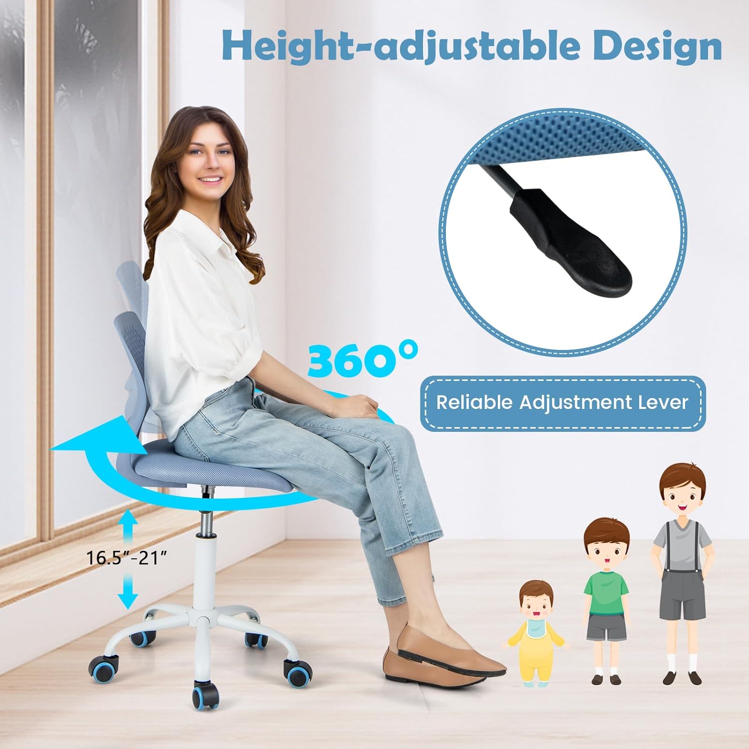 DORTALA Desk Chair for Teen, Kids Armless Swivel Small Cute Low-Back Mesh Office Chair Comfy with Adjustable Height, Lumbar Support, Ergonomic Computer Study Chair in Home Bedroom School, Blue