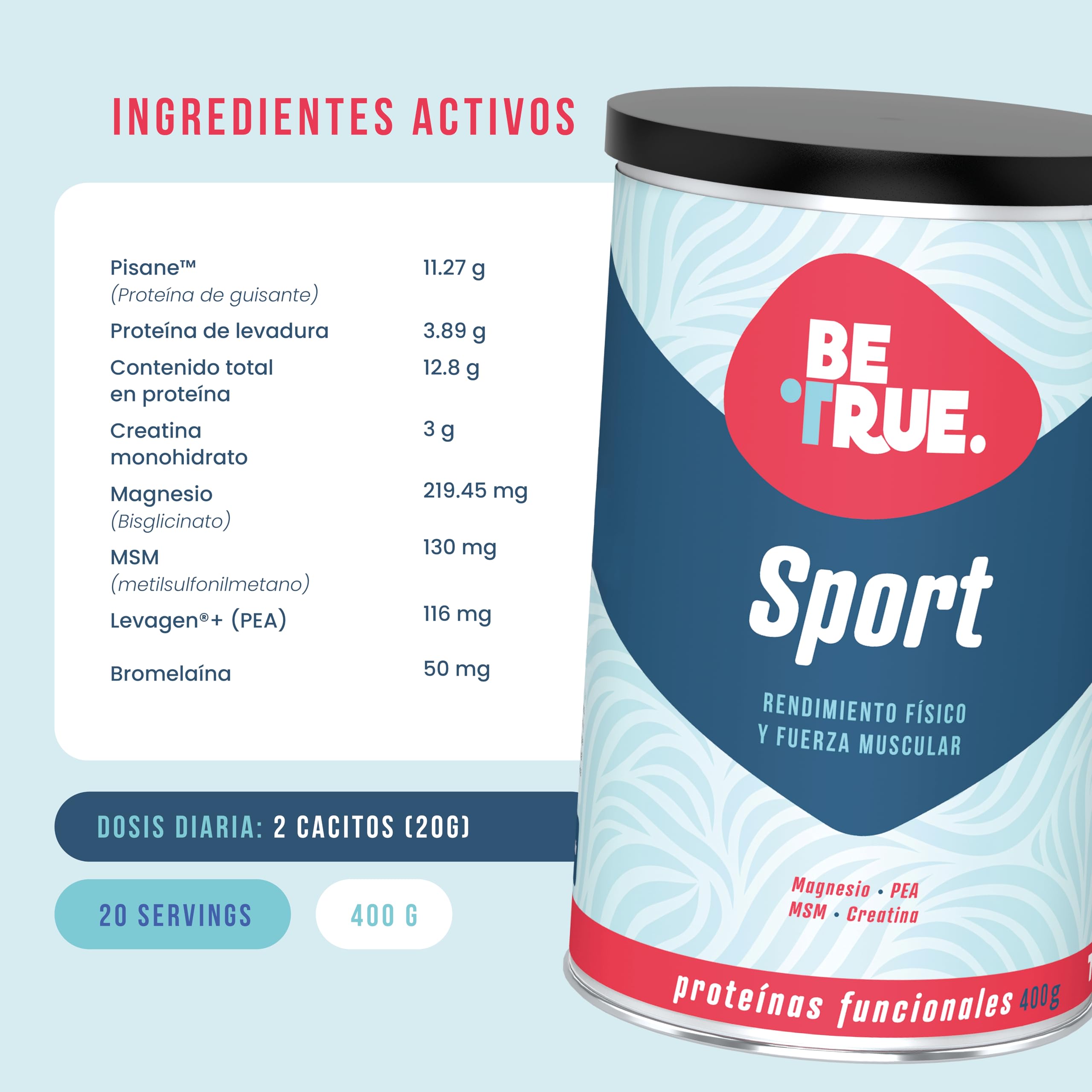 BETRUE SPORT Proteína Vegana | Con Creatina, Magnesio Bisglicinato, PEA, MSM y Bromelaína | Rendimiento físico y Recuperador Muscular | Sin Lactosa, Sin Azúcar, Vegana | 400 g