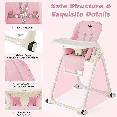 Miniatura 2 de BABY JOY Silla alta para bebés y niños pequeños, silla alta plegable con respaldoreposapiésaltura del asiento, bandejas dobles extraíbles, cojín de