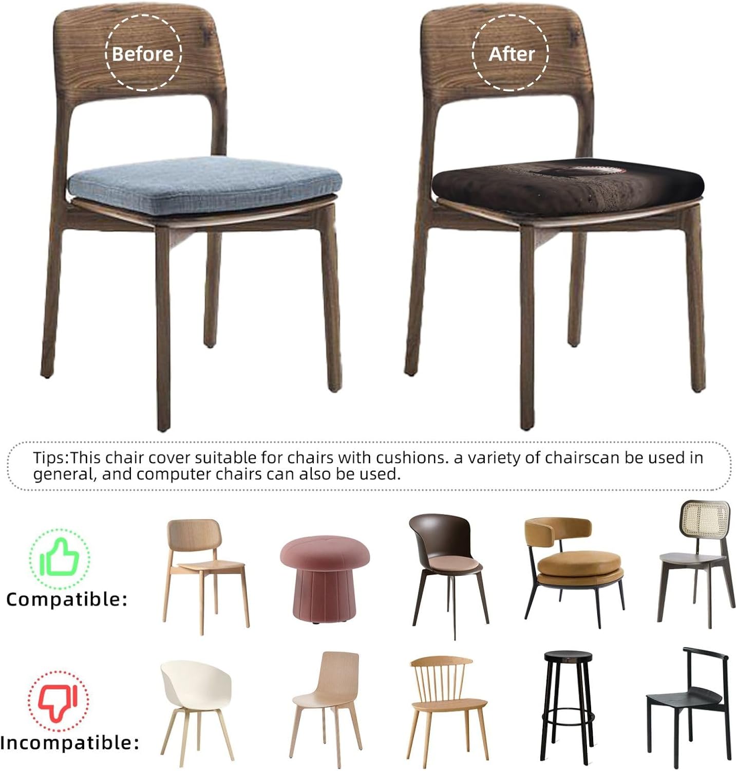 6PCS Stretch Seat Covers Set, Baseball Chair Covers for Dining Room, Square Chair Seat Slipcovers with Ties, Removable Washable Dining Chair Protector Seat Cover for Kitchen Office